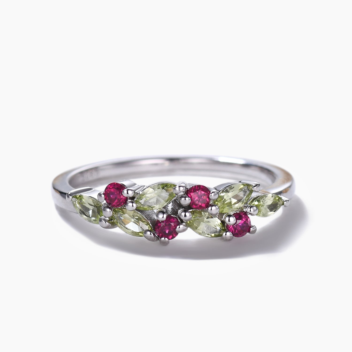 Marquise Peridot and Ruby Cluster Wedding Band Ring in 14K White Gold - Elegant Multicolor Bridal Jewelry for Engagement, Anniversary & Special Occasions