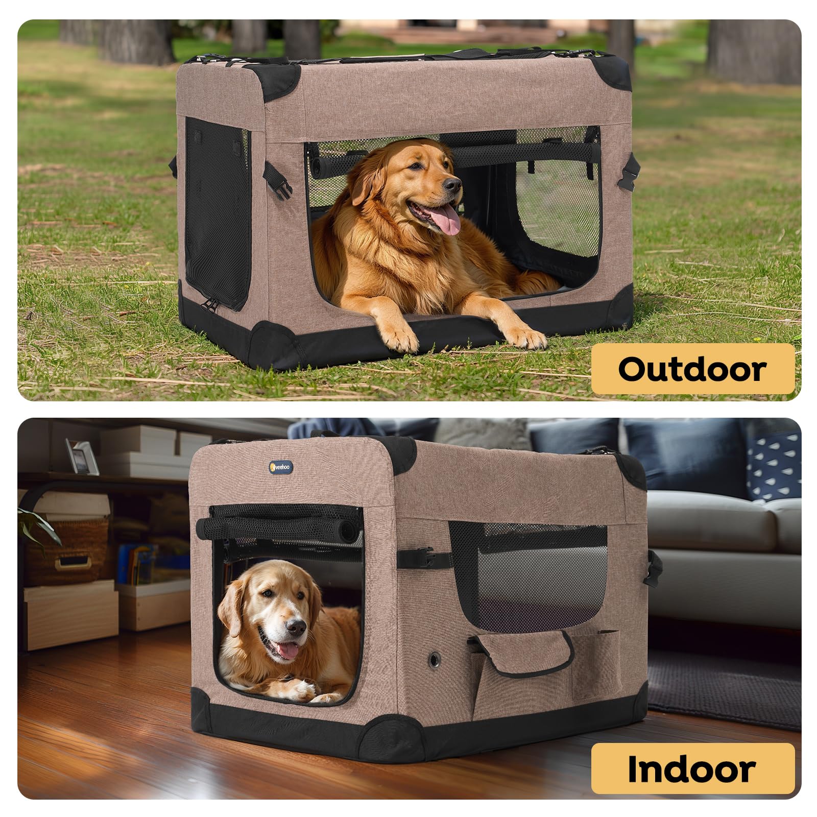 Veehoo 30 Inch Folding Soft Dog Crate - 4-Door Portable Collapsible Pet Kennel for Medium Dogs | 600D Oxford Fabric with 5 Durable Mesh Screens | Indoor & Outdoor Use for Travel, Camping, Home, and Car | Brown (CWB2428CP)