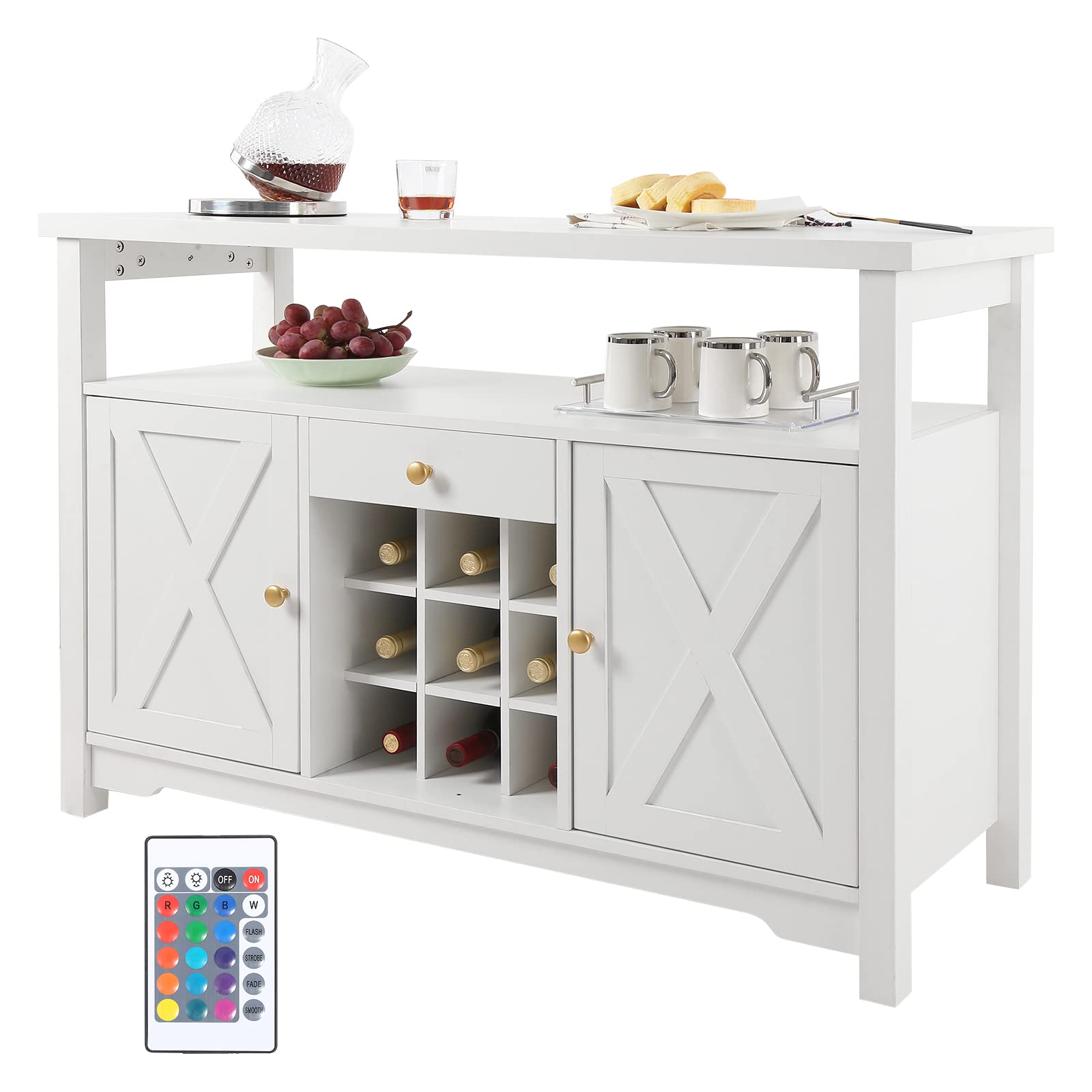 VEVOR 47 Inch Industrial Bar Cabinet - Freestanding Farmhouse Wine Table with Glass Rack | Sideboard Buffet Cabinet for Liquor Storage | Rustic Wood Coffee Bar for Living Room, Home Bar & Kitchen (White) - Perfect for Entertaining Guests & Home Decor