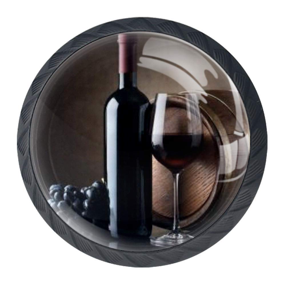 Red Wine Grapes Wooden Barrel Drawer Knobs - 4 Pcs Crystal Glass Cabinet Handles for Kitchen & Bathroom Decor