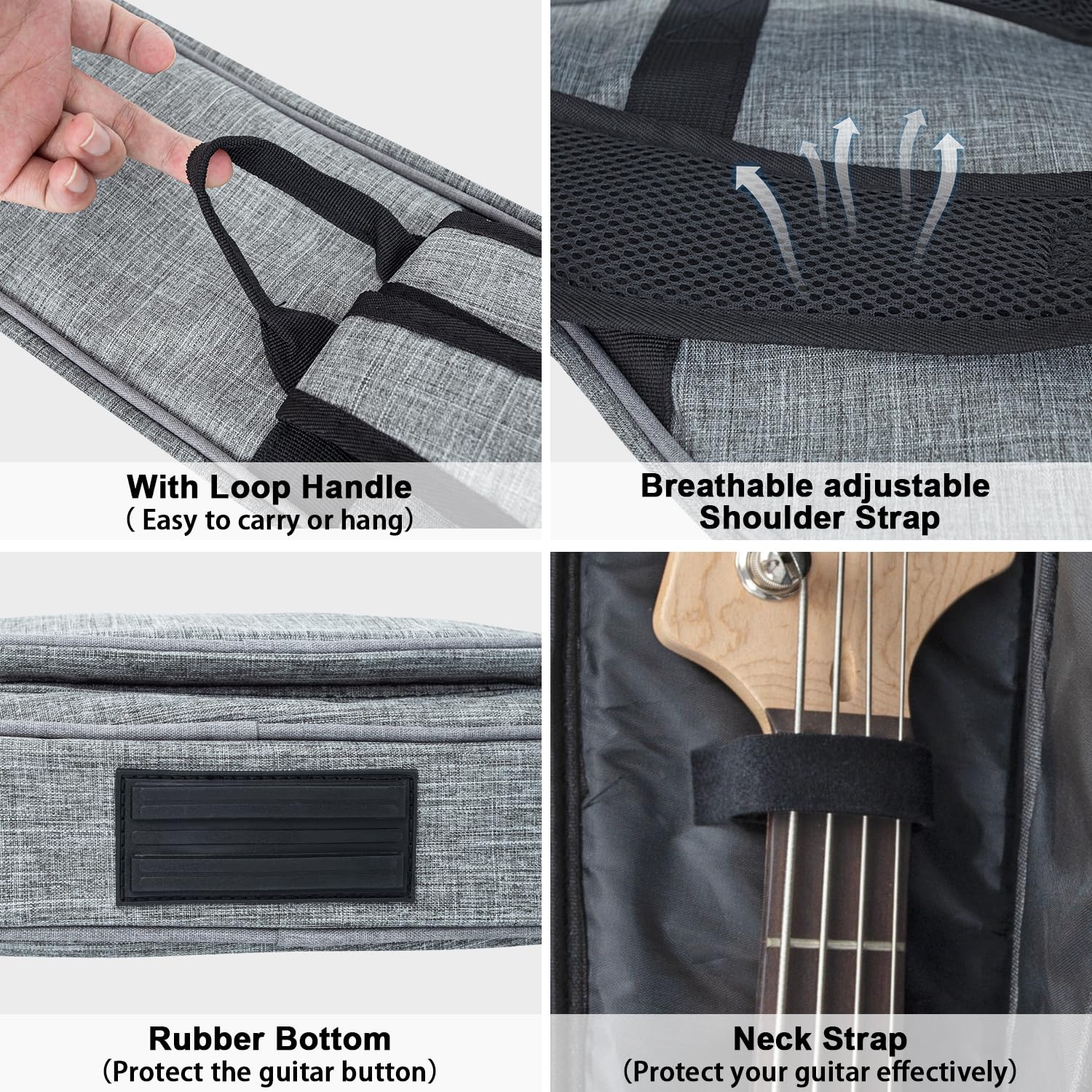 MUZNOTE 47 Inch Electric Bass Guitar Case - Thick 0.35 Inch Padding, Waterproof Gig Bag with Neck Strap & Multiple Pockets, Grey | Perfect for Travel, Gig Storage & Bass Protection