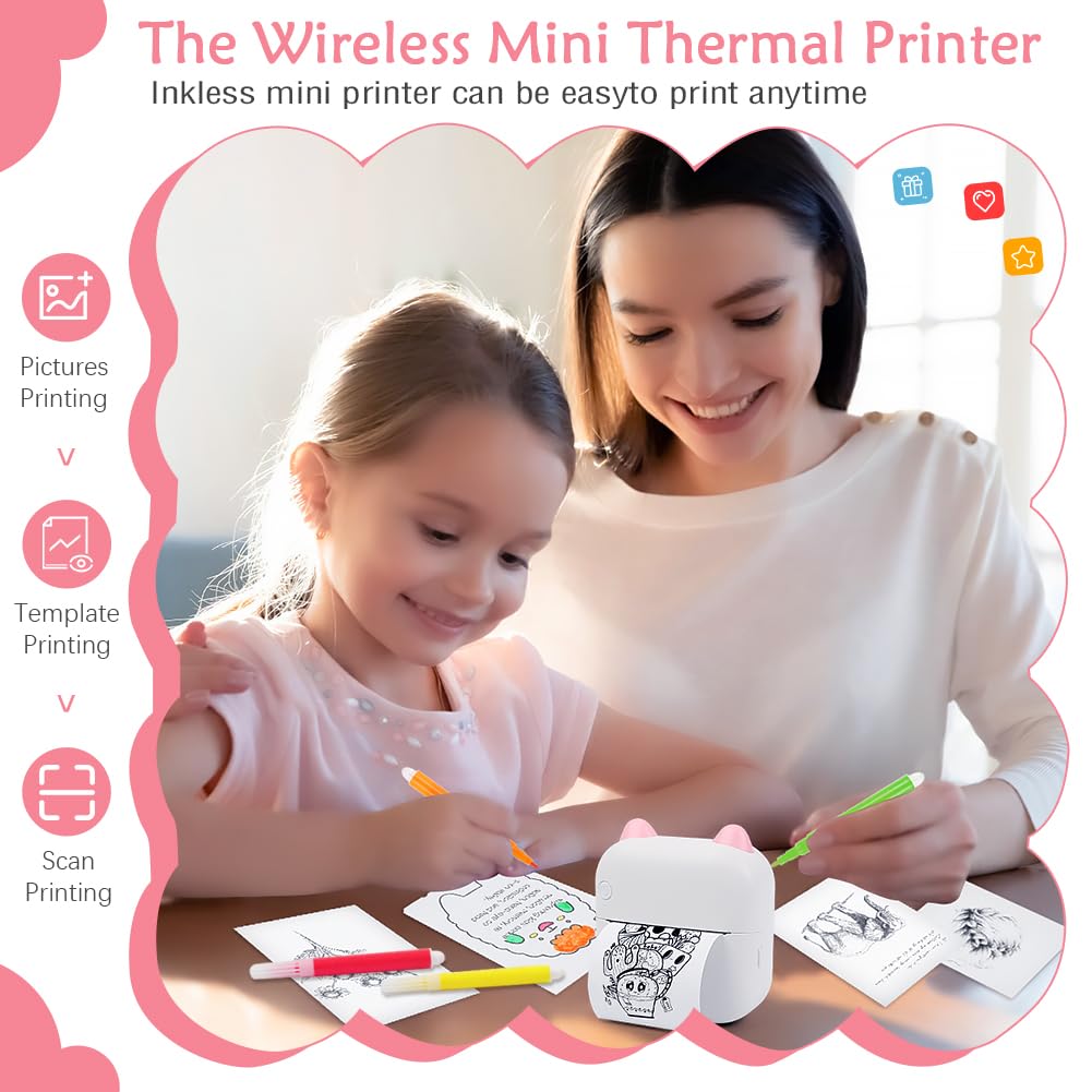 Mini Portable Wireless Thermal Printer - Inkless Sticker Printer for Phone with 10 Roll Papers | Cute Pink Printer for Scrapbooking, Note Taking & DIY Projects | Perfect Gift for Students, Artists & Craft Lovers | Home, Office & School Use