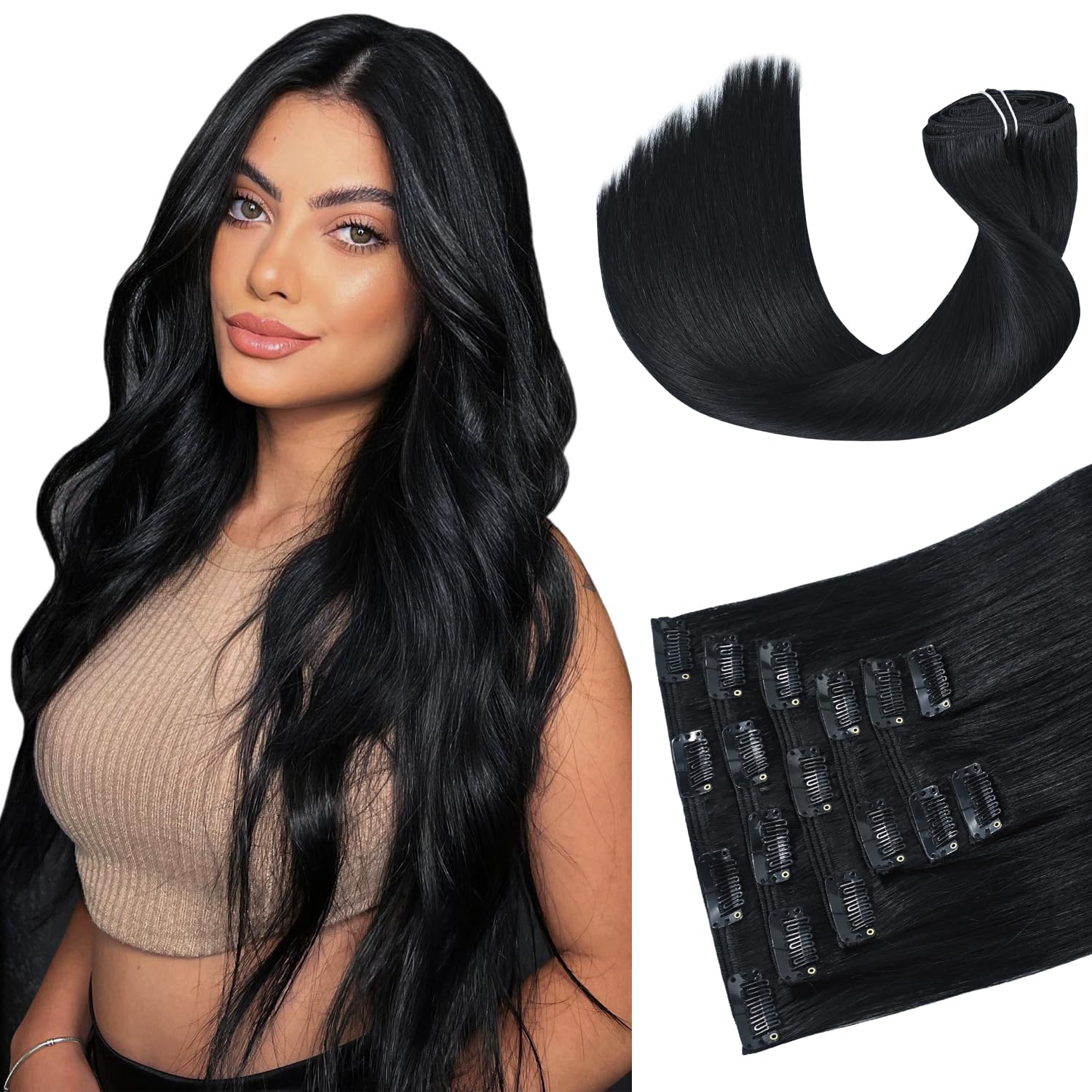 HUAYI 16 Inch Clip in Hair Extensions - 100% Real Human Hair, 120g, #1 Jet Black - 7 Piece Full Head Set for Volume & Length - Perfect for Daily Wear, Parties & Special Occasions