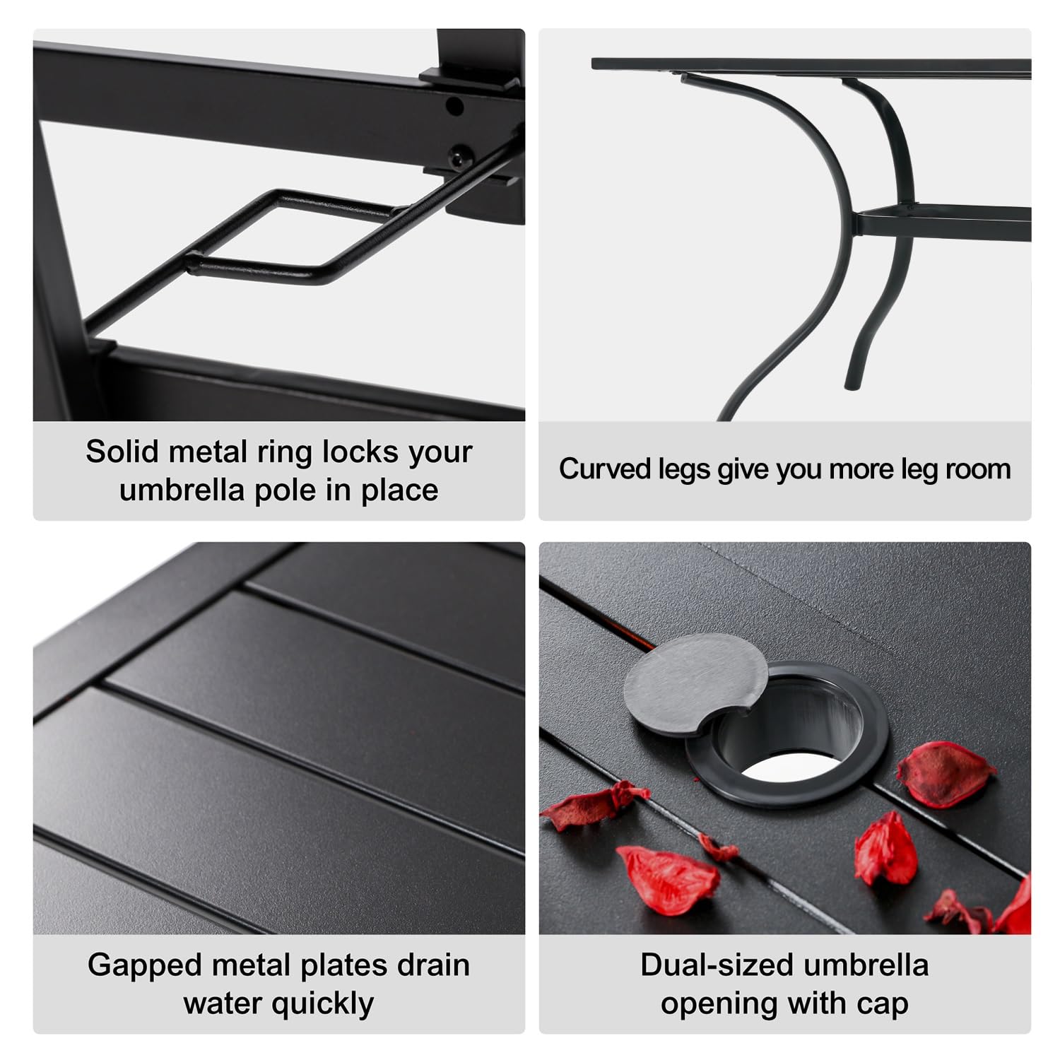 6-Person Outdoor Rectangle Dining Table with Umbrella Hole - Durable Metal Steel Picnic Table for Backyard, Garden, Poolside & Patio - Perfect for BBQs, Parties & Outdoor Entertaining (Black)