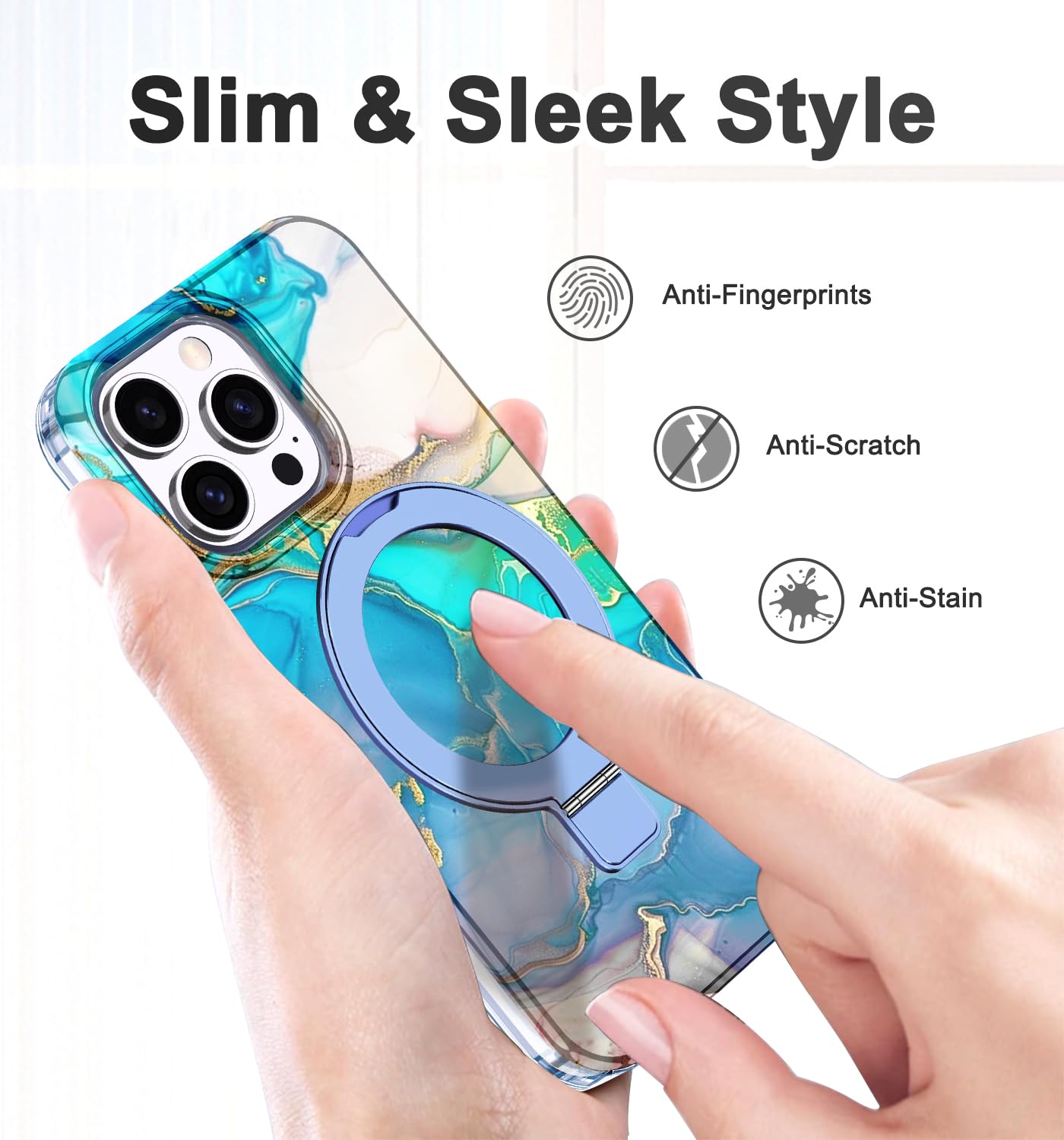 Magnetic iPhone 14 Pro Case with Invisible Ring Stand | Slim Rugged Marble Design | Shockproof Protective Cover for Women & Men | Light Blue | Perfect for Work, Travel & Everyday Use
