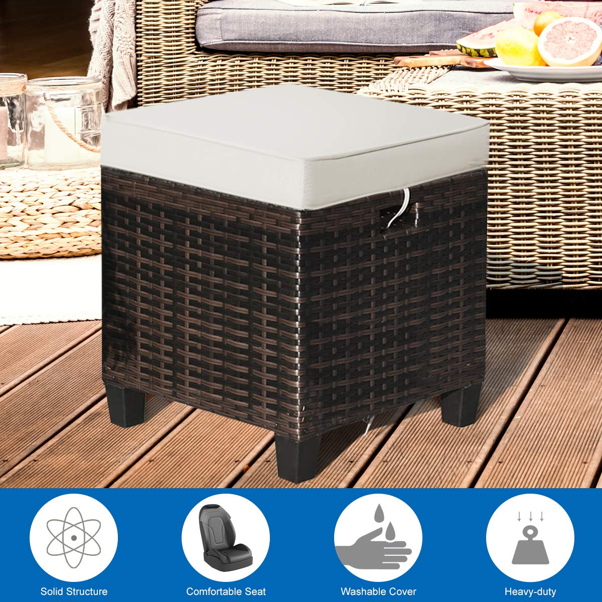 2PCS Rattan Wicker Ottoman Set with Removable Cushions - Patio Footstool Footrest Seat for Outdoor Living, Garden, Backyard & Home Decor (Brown) - Perfect for Relaxing, Coffee Table Companion & Extra Seating