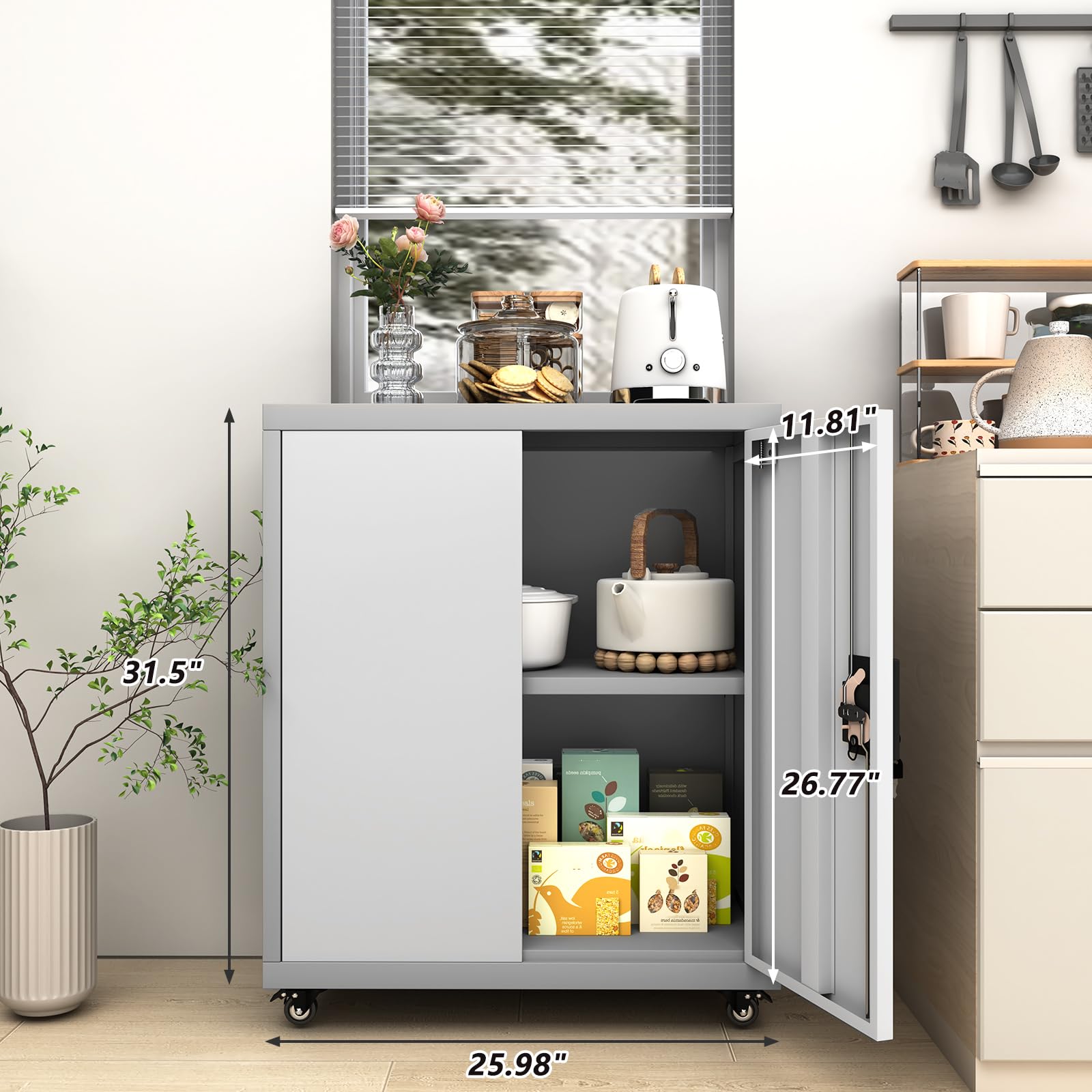 GREATMEET Rolling Garage Storage Cabinet with Wheels, Lockable Metal Utility Cabinet with Adjustable Shelves & Doors - Grey - Ideal for Garage, Home Office, Workshop & Utility Room Organization