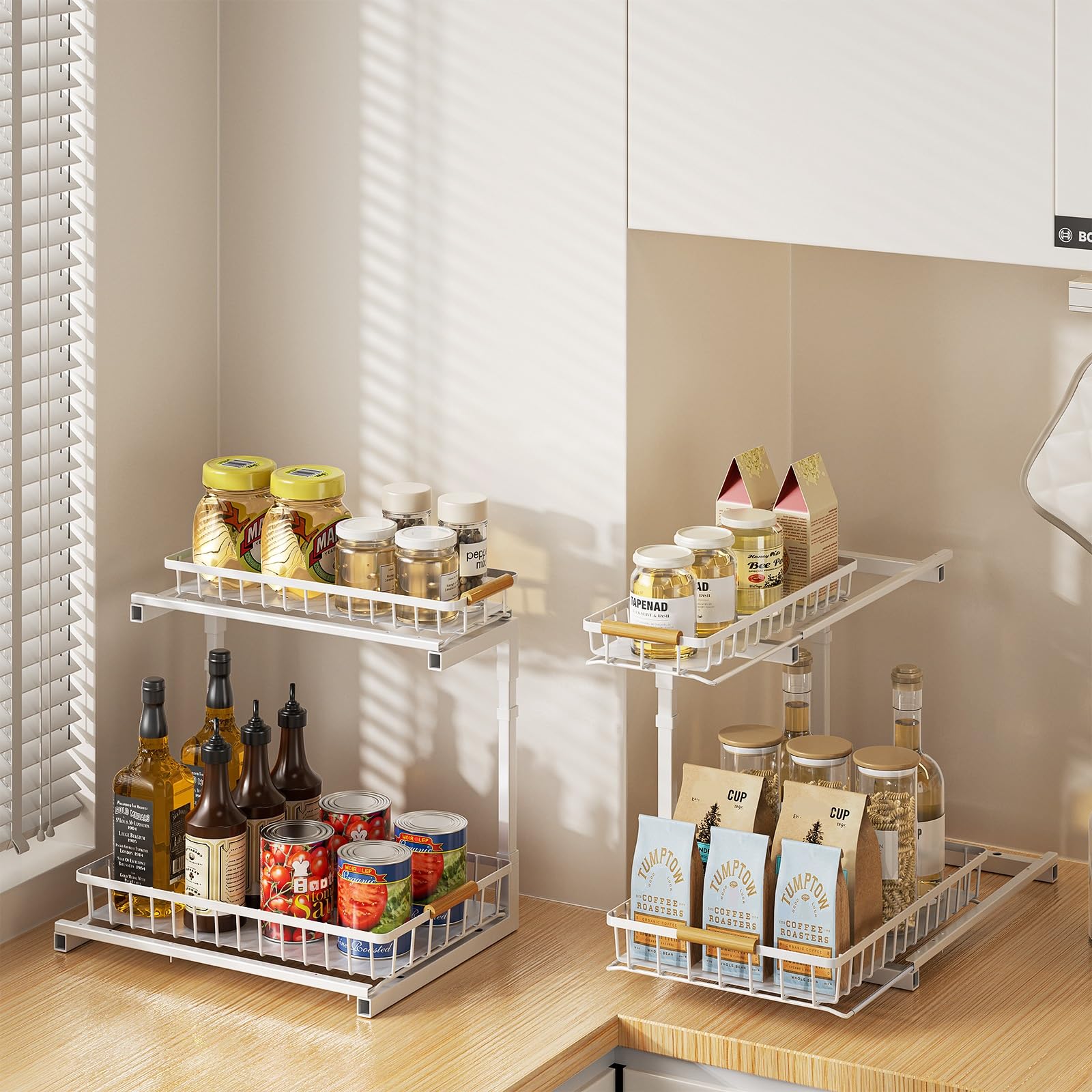 **Delamu 2-Tier Pull Out Under Sink Organizer - 2 Pack Slide Out Cabinet Storage Shelf for Kitchen, Bathroom & Pantry - Perfect for Spice Racks, Cleaning Supplies & Toiletries**