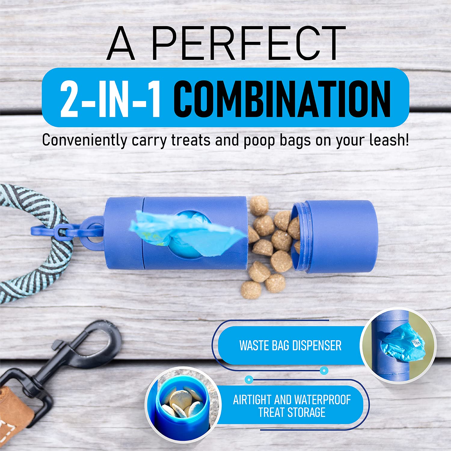2-in-1 Dog Leash Treat Pouch & Waste Bag Dispenser with 15 Eco-Friendly Poop Bags - Hands-Free Dog Walking Accessory for Outdoor Adventures, Park Visits & Daily Walks (Navy Blue)