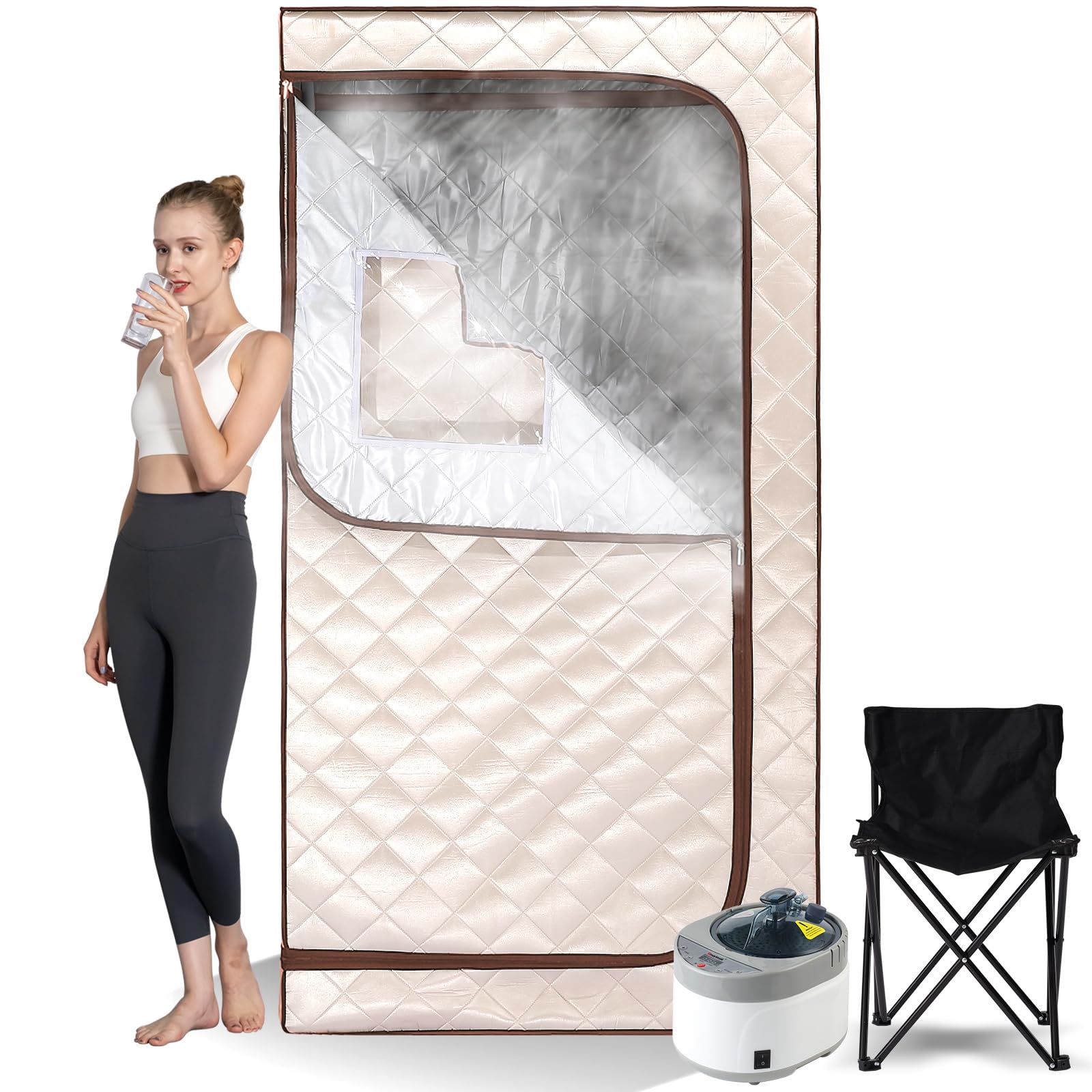 Smartmak Portable Home Steam Sauna - Full Size Personal Sauna Spa Box with 1500W Steam Generator, 4L Water Tank & 99 Min Timer | Foldable Chair & Mat Included | Remote Control | Beige Brown | Perfect for Home Relaxation, Detox & Muscle Recovery