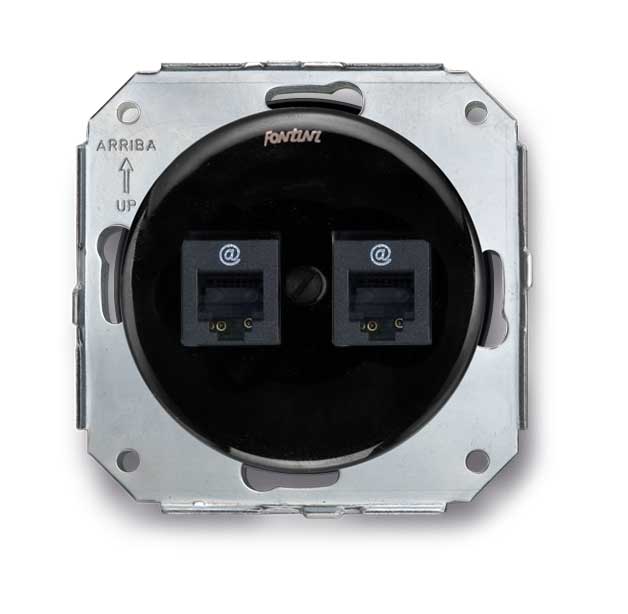 Black Porcelain Datajack - Dual RJ45 Ethernet Port Adapter for Home & Office Networking Solutions