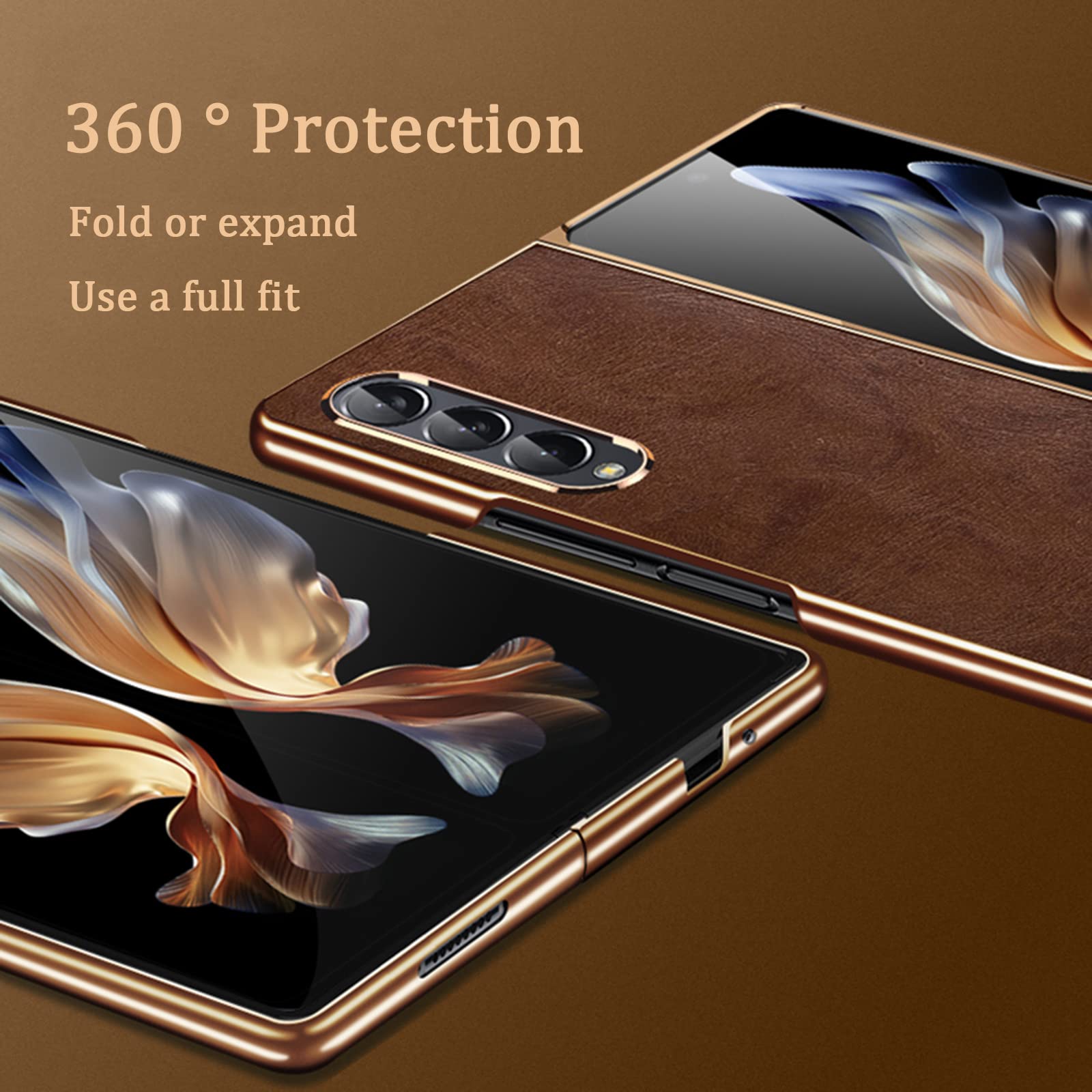 Premium Genuine Cowhide Leather Hybrid Plating PC Scratch-Resistant Protective Case for Samsung Galaxy Z Fold 3 5G - Brown | Slim Fit, Durable Cover for Work, Travel & Everyday Use