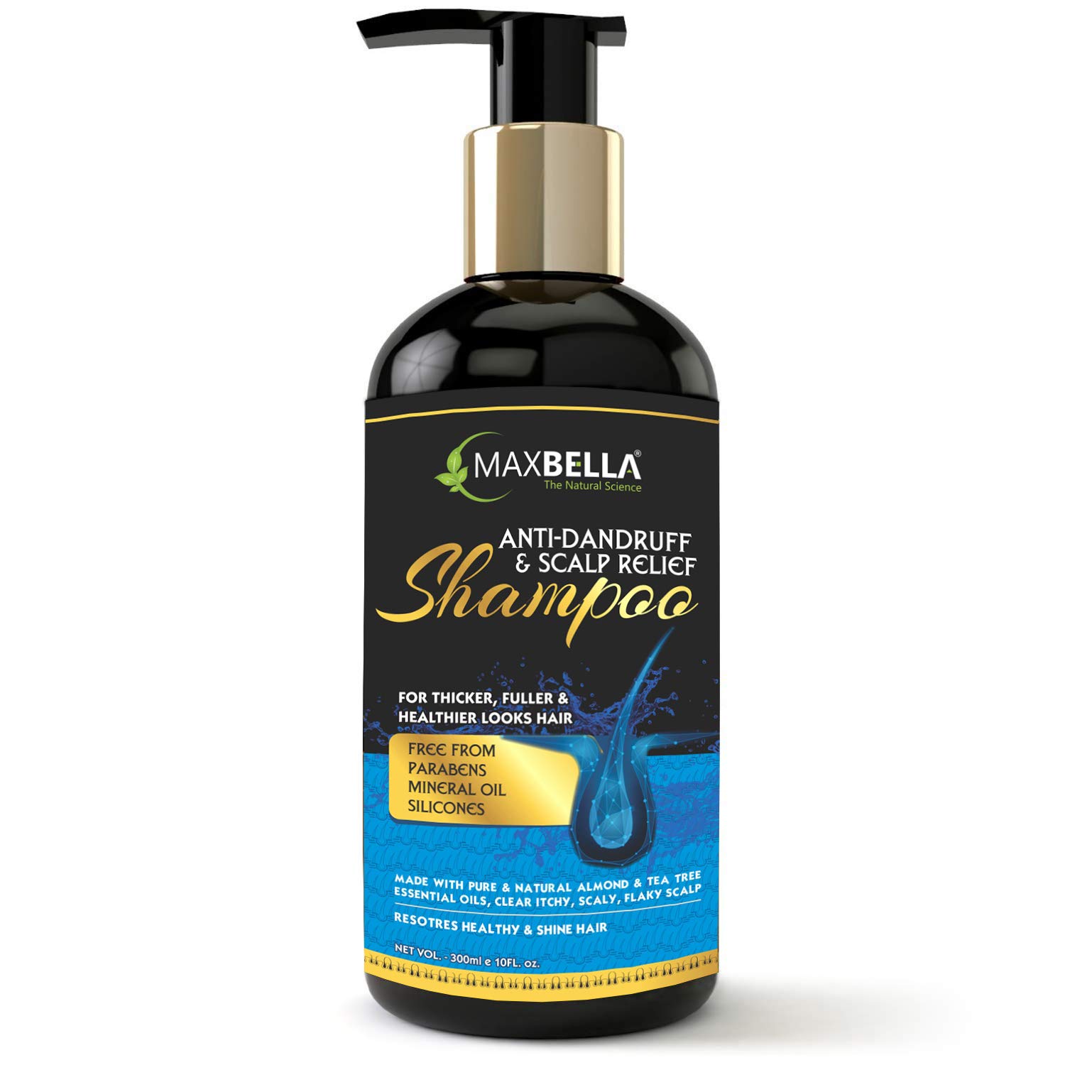 MaxBella® Anti-Dandruff Shampoo with Almond & Tea Tree Oil - Paraben & Mineral Oil Free - 300ml Scalp Care for Men & Women - Perfect for Dry, Itchy Scalp & Flake Relief