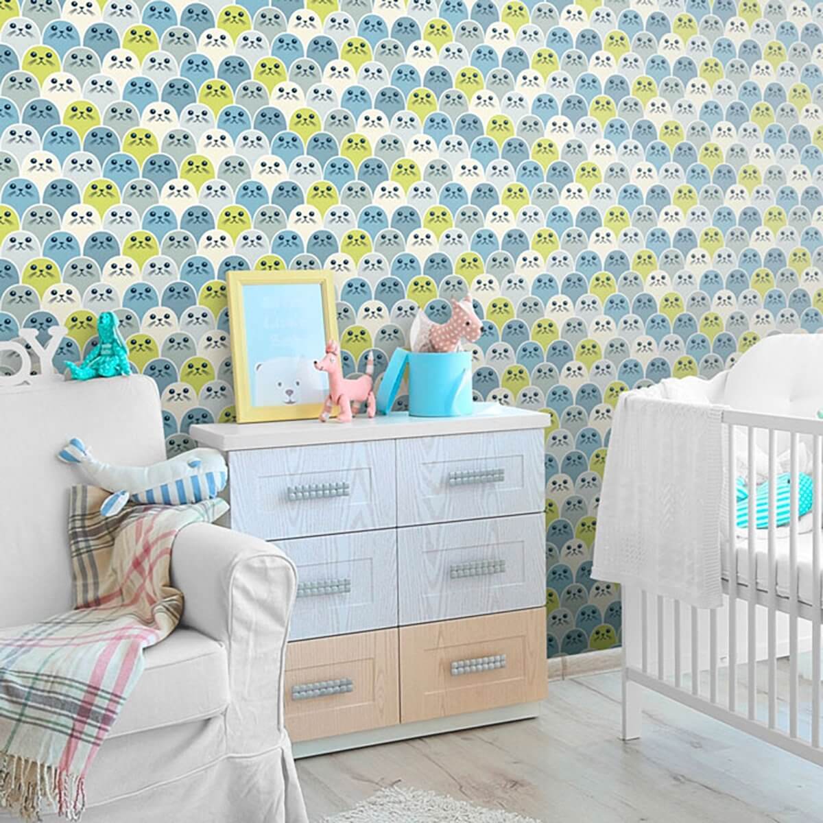 Teal Animal Print Baby Nursery Removable Wallpaper - Self-Adhesive Peel & Stick Wall Decor for Kids Room, Bedroom, Playroom