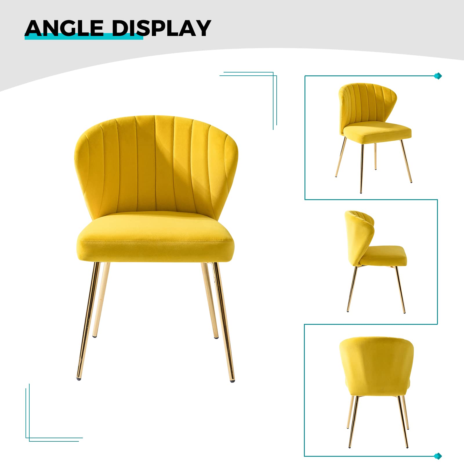 Modern Velvet Dining Room Chairs with Golden Metal Legs - Upholstered Tufted Accent Chair for Kitchen, Vanity, Patio & Beauty Room (Yellow, 1-Pack) - Perfect for Small Spaces, Breakfast Nooks & Cozy Home Decor