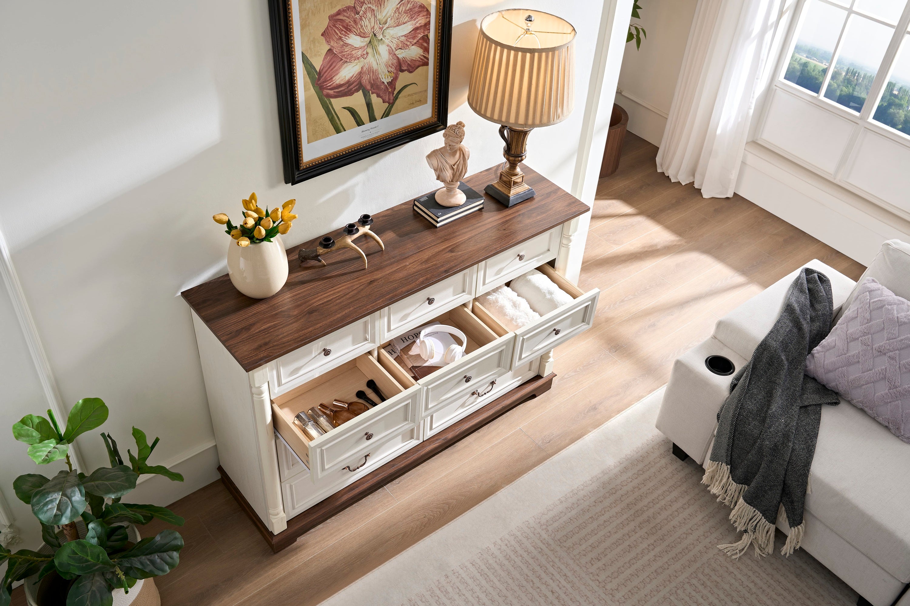 10-Drawer Wooden Dresser Chest with Rustic Base & Riser Trim - Bedroom Storage Organizer for Clothes, Linens & Accessories | Perfect for Master Bedroom, Guest Room & Living Room Furniture Arrangement
