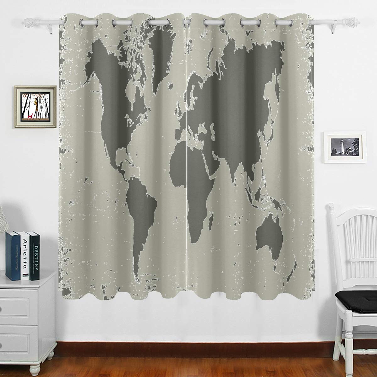 DOMIKING Blackout Curtains for Bedroom & Living Room - Thermal Insulated Darkening Drapes with Grunge Earth Map Design, Grommet Top, 63x55 Inches - Perfect for Light Blocking, Temperature Control & Home Decor