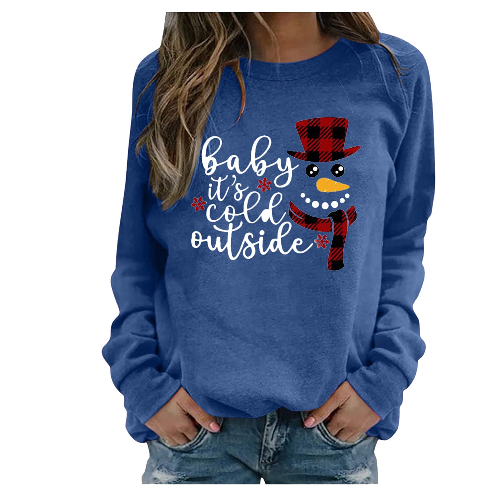 BDDVIQNN Women's Christmas Print Crewneck Long Sleeve Sweatshirt - Casual Holiday Blouse with Scoop Neck for Women | Perfect for Christmas Parties, Family Gatherings & Winter Outfits