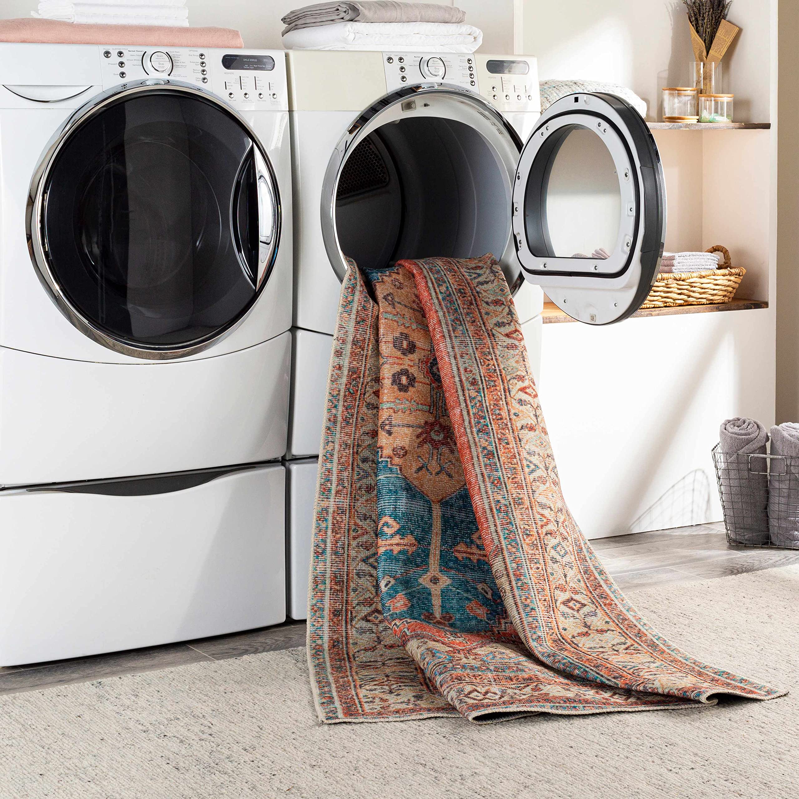 Machine Washable Hauteloom Baganga Area Rug for Living Room & Bedroom - Soft Beige, Blue, Orange - 8'10