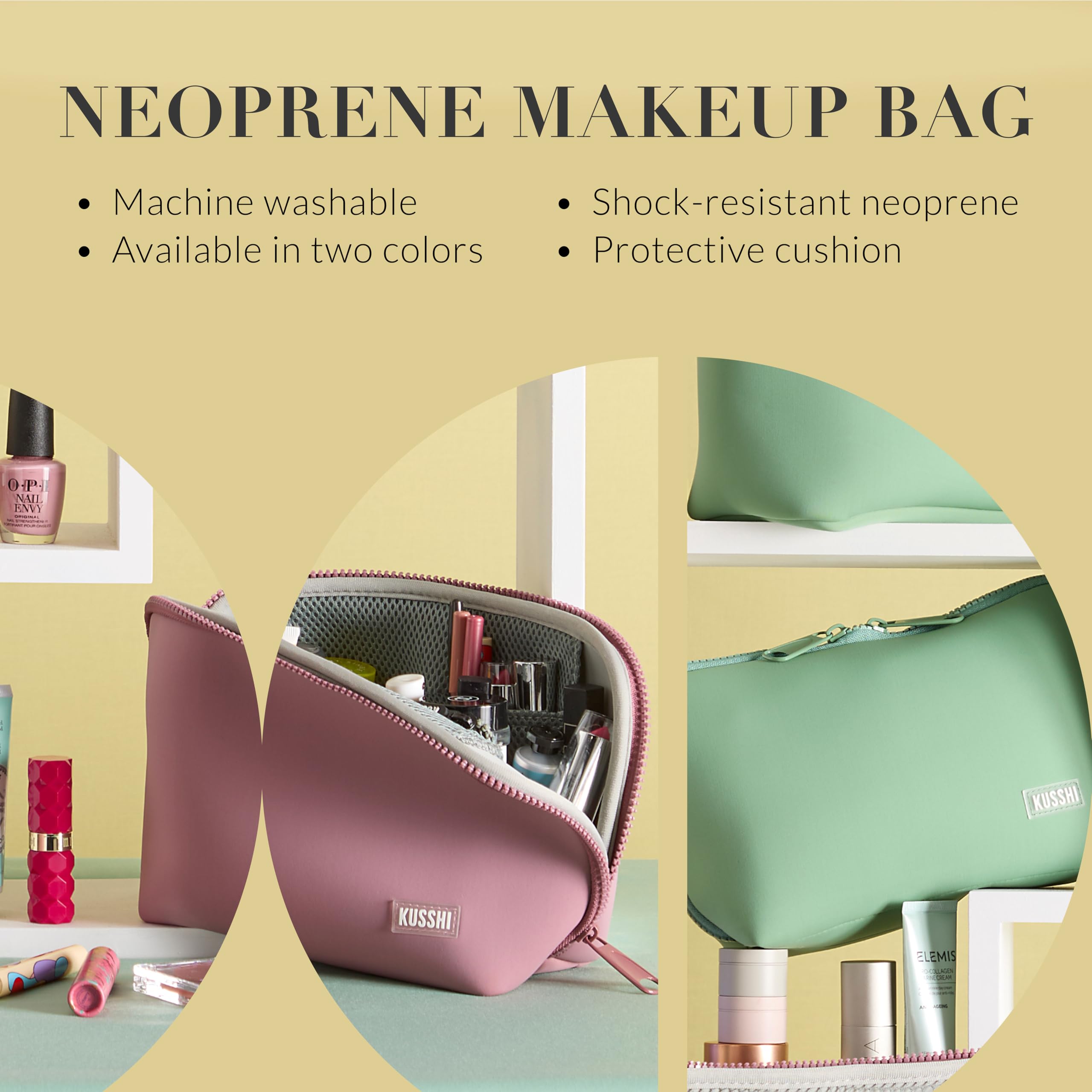 KUSSHI Neoprene Makeup Bag for Travel - Waterproof & Washable Cosmetic Pouch with Zipper Closure (Sage Green/Coral Rose) | Perfect for Toiletries, Makeup Brushes & Travel Essentials | Great Gift for Women