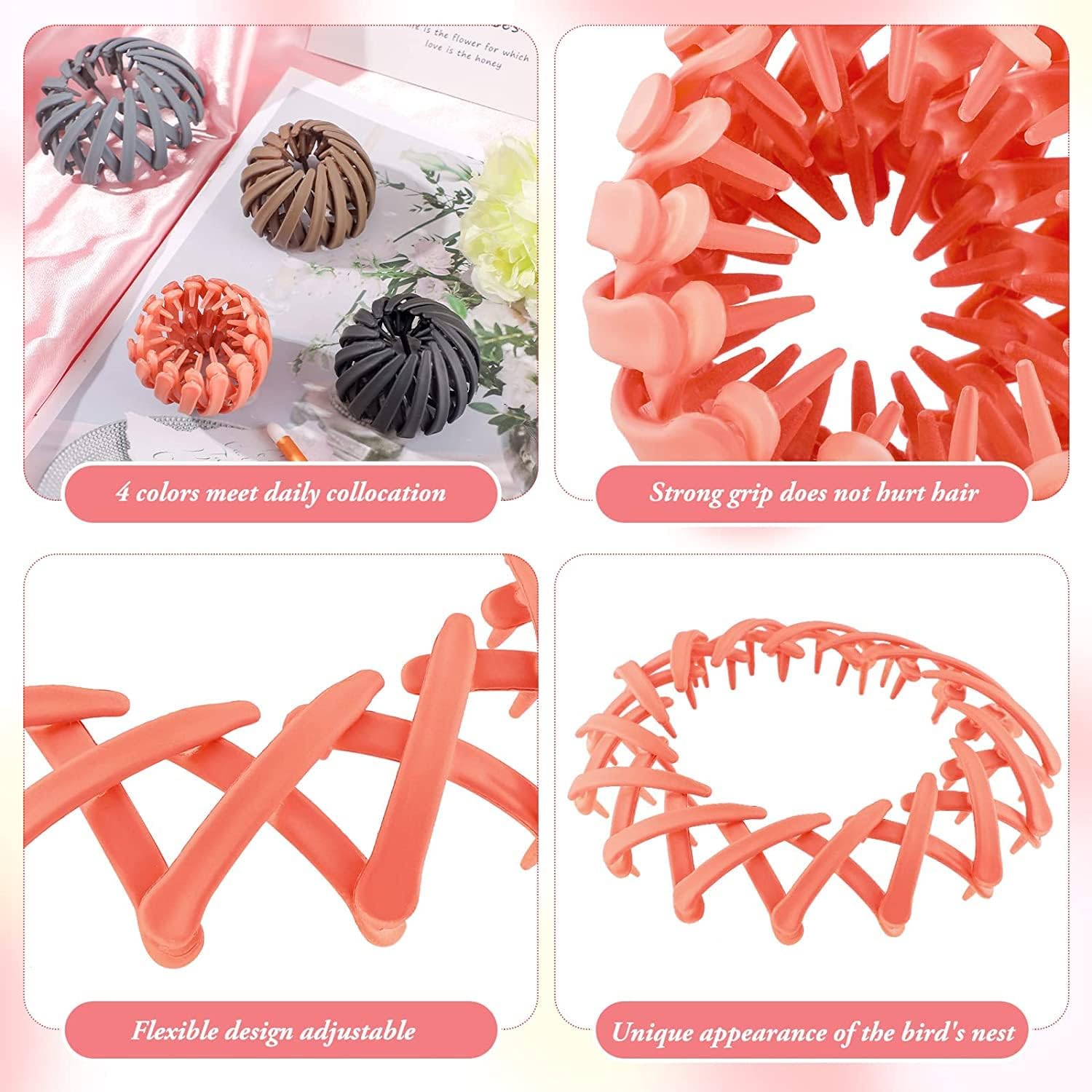 4PCS Korean Fashion Rhinestone Rose Hair Clips - Expandable Ponytail Holders & Bun Makers for Women (Multicolor) | Perfect for Weddings, Parties & Daily Styling