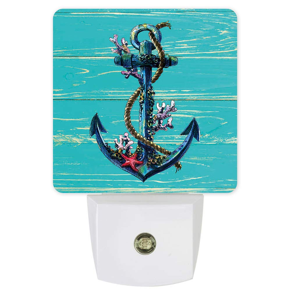 Nautical Anchor Rustic Wood Plug-in LED Night Light with Starfish Design - Blue Auto Dusk-to-Dawn Sensor for Bedroom, Bathroom, Kitchen, Nursery - Perfect for Hallway, Stairs & Wall Decor (Home Safety Lighting for Kids & Elderly)