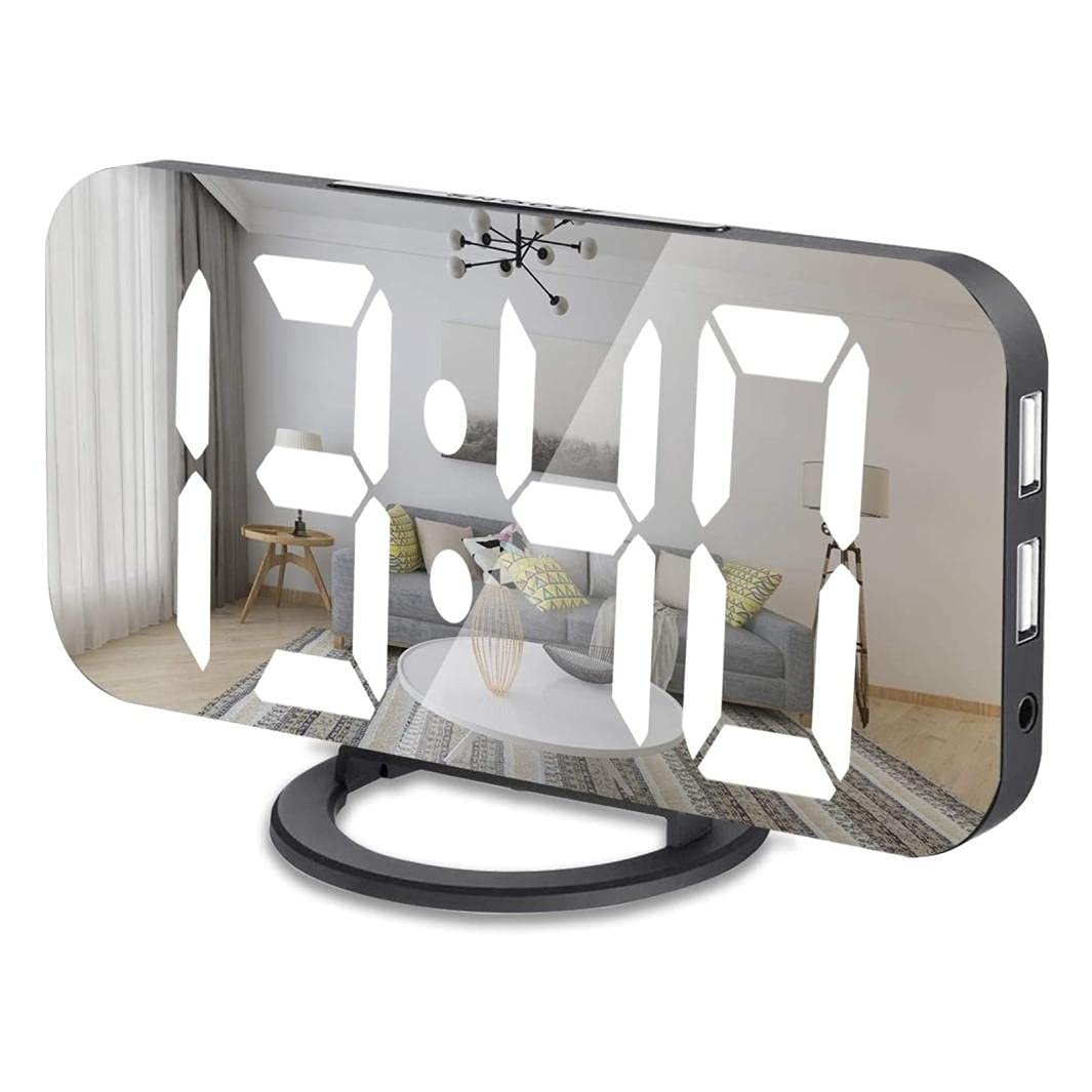 Digital Alarm Clock with LED Large Display & Mirror Surface - 3-Level Brightness Dimming Mode, Dual USB Charging Ports - Perfect for Bedroom, Office, Makeup Vanity & Home Decor (Black)
