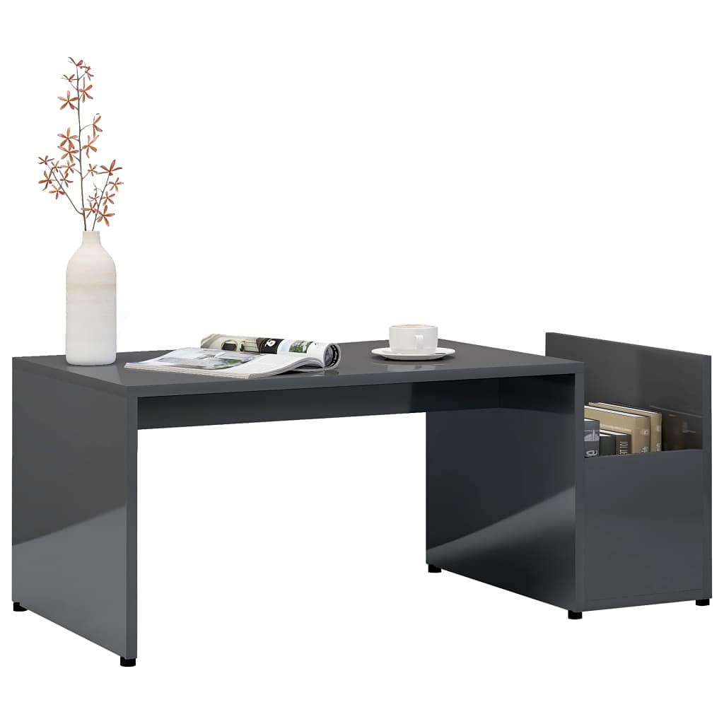 Modern Geometric High Gloss Gray Coffee Table with Storage Compartment - 35.4