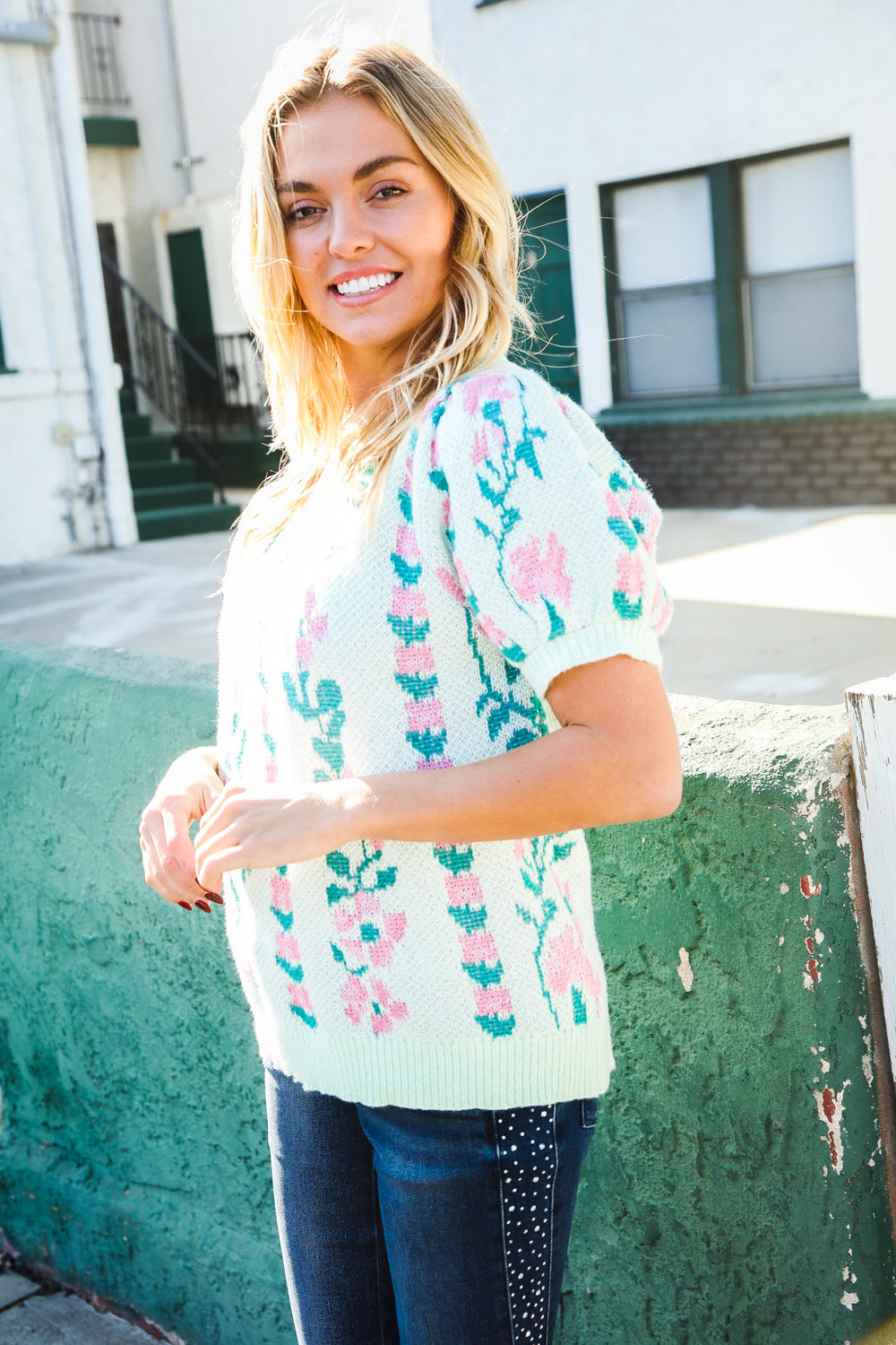 All For Love Mint Jacquard Floral Bubble Sleeve Sweater Top | Women's Fashion Knitwear | Perfect for Date Night & Fall Layering