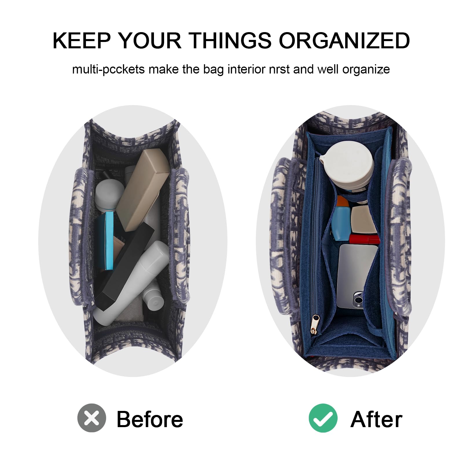 Premium Felt Purse Insert Organizer for Medium Dior Book Tote - Multiple Pockets, Dark Blue (Large) | Perfect for Travel, Work & Everyday Use to Keep Essentials Organized