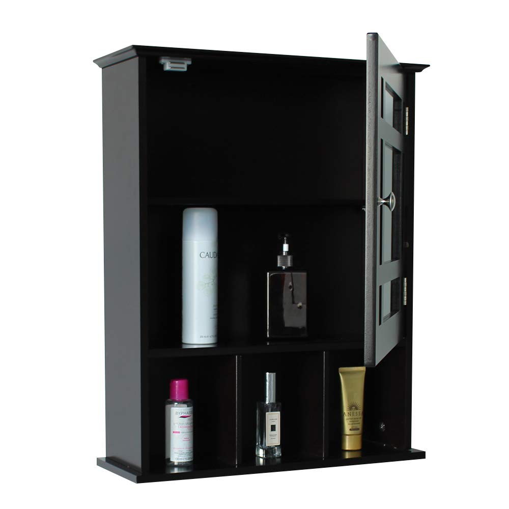 Espresso Wooden Mirror Cabinet - Wall Mounted Bathroom Storage with Adjustable Shelf & 3 Open Compartments | Perfect Medicine Cabinet for Small Bathrooms & Vanity Organization