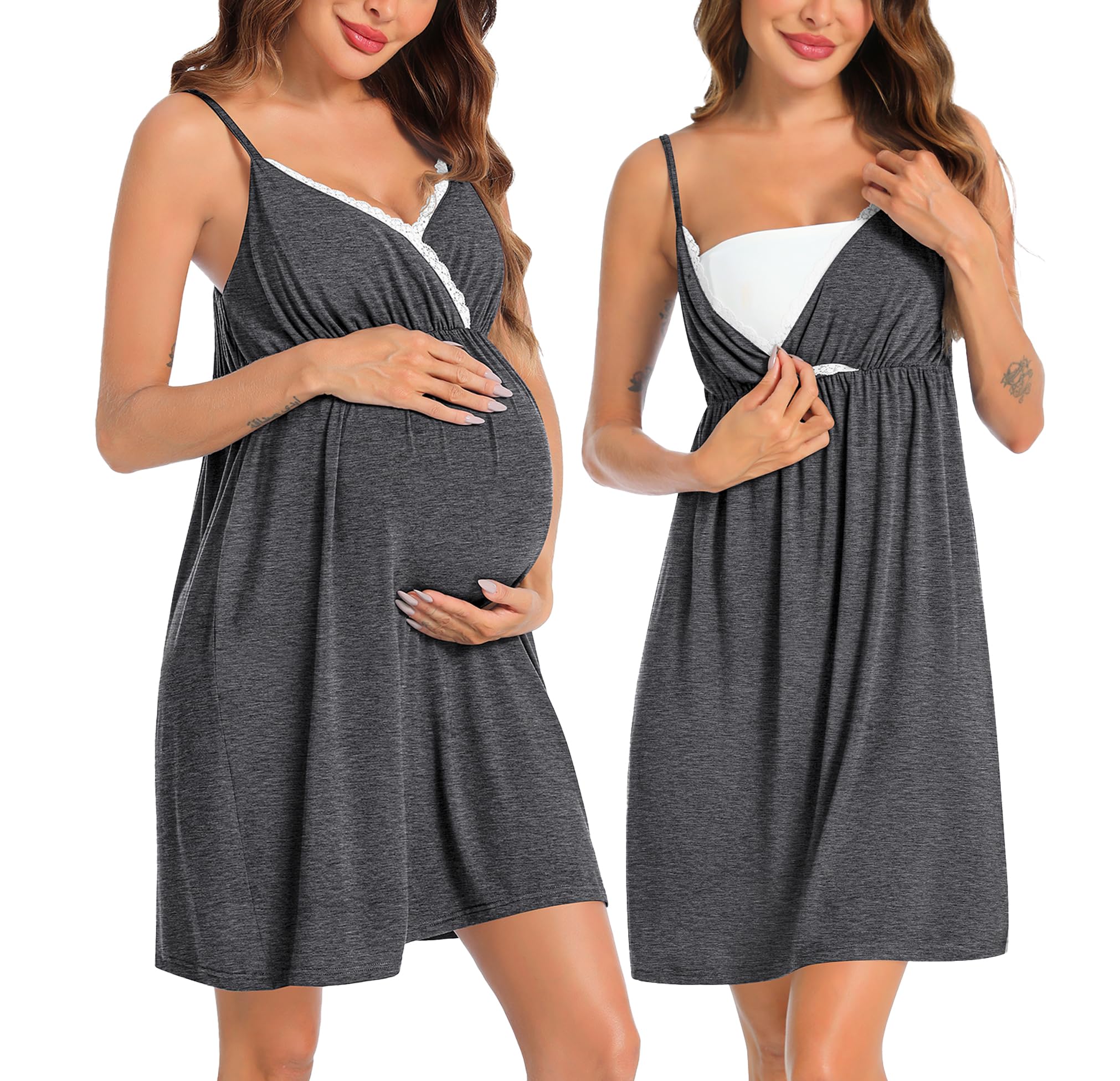 SWOMOG Women's Maternity Robe & Nursing Nightgown - 3-in-1 Breastfeeding Dress with Lace Trim, Labor Delivery Gown & Bathrobe for New Moms - Perfect for Hospital Stay, Nursing at Home & Relaxing