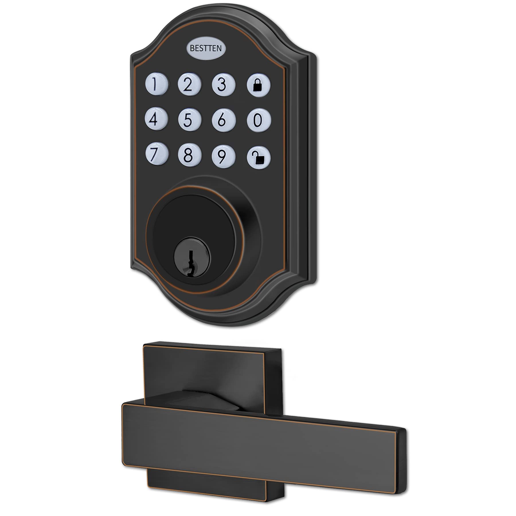 BESTTEN Electronic Keypad Deadbolt Lock Set with Passage Door Lever - Programmable Keyless Entry, Traditional Oil Rubbed Bronze Finish - Secure Front Door, Back Door & Office Entry