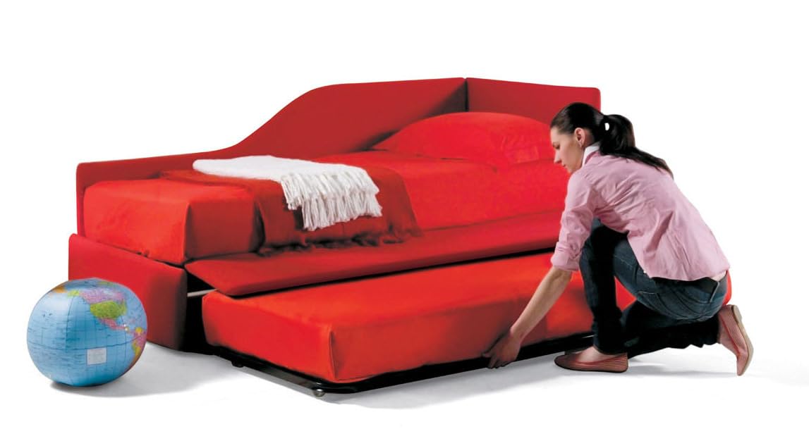 Jolly Single Bed Frame with Left Contoured Corner & Removable Manual Net - 190 x 80 cm Top Net - Includes Mattress - Red - 100% Made in Italy - Perfect for Small Bedrooms, Guest Rooms & Modern Apartments