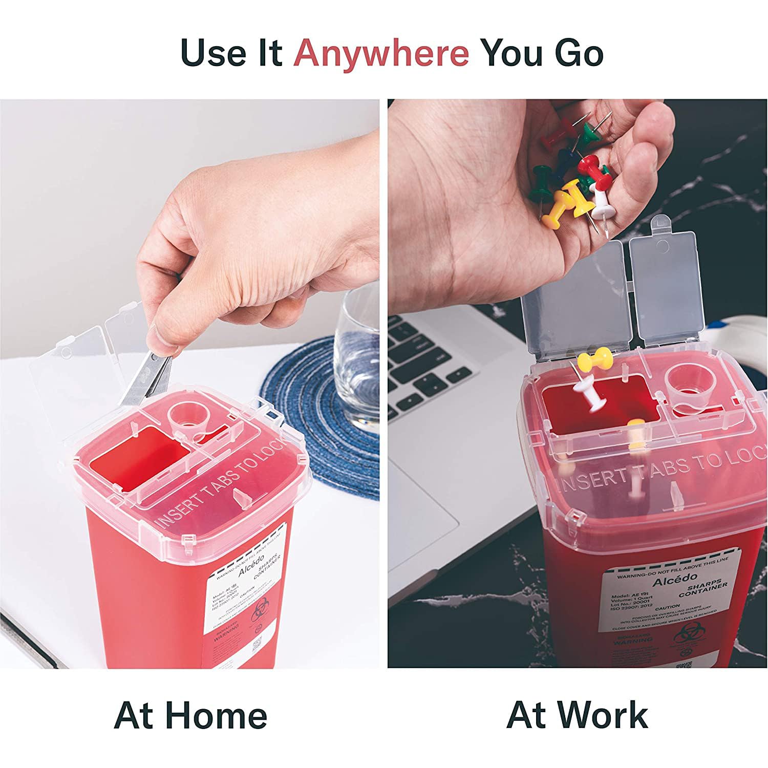 Alcedo 1 Quart Sharps Container for Home & Travel Use | Biohazard Needle & Syringe Disposal | Small Portable Medical Waste Bin for Diabetics, Nurses & Tattoo Artists | Safe Needle Disposal for Clinics, Hospitals & Home Healthcare