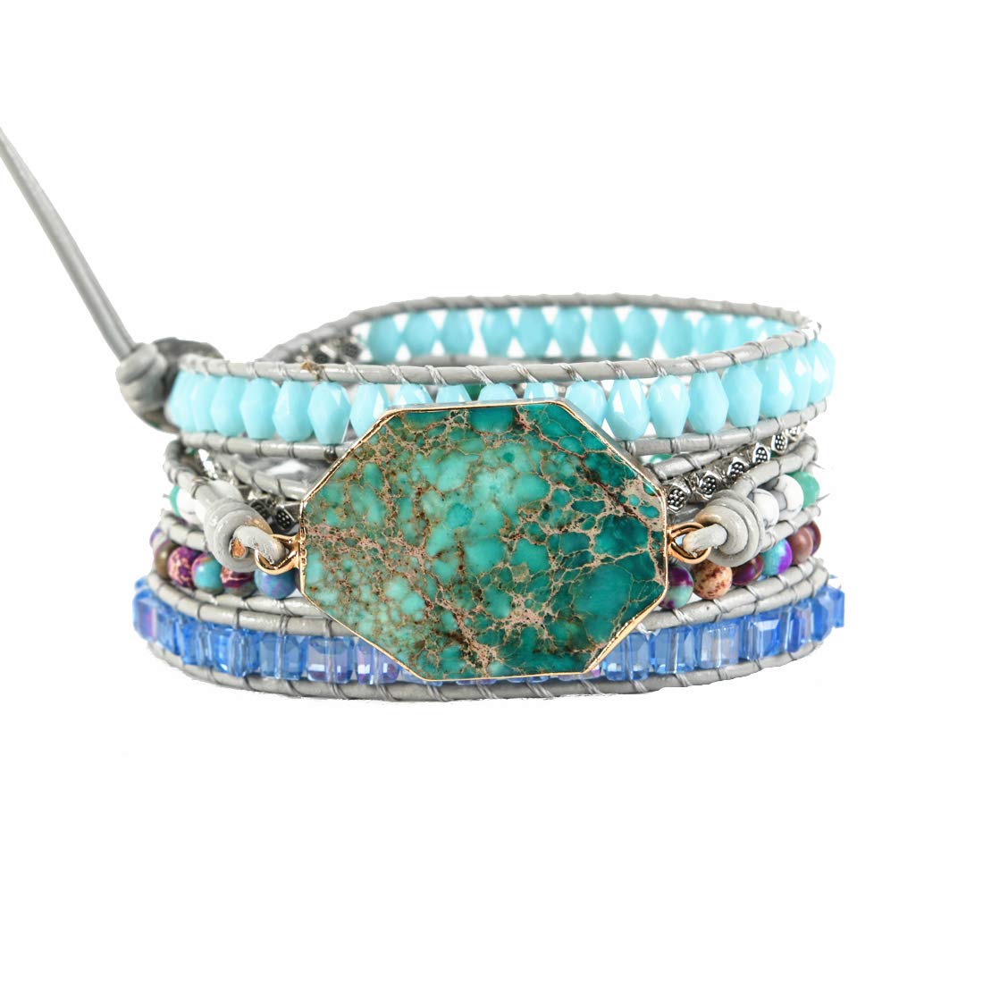 YGLINE Handmade Leather 5-Wrap Bracelet with Jasper Beads - Multi-Layer Yoga Bracelet in Mix Colorful Gemstones for Healing & Meditation | Perfect for Yoga Practice, Spiritual Healing & Boho Fashion Accessories