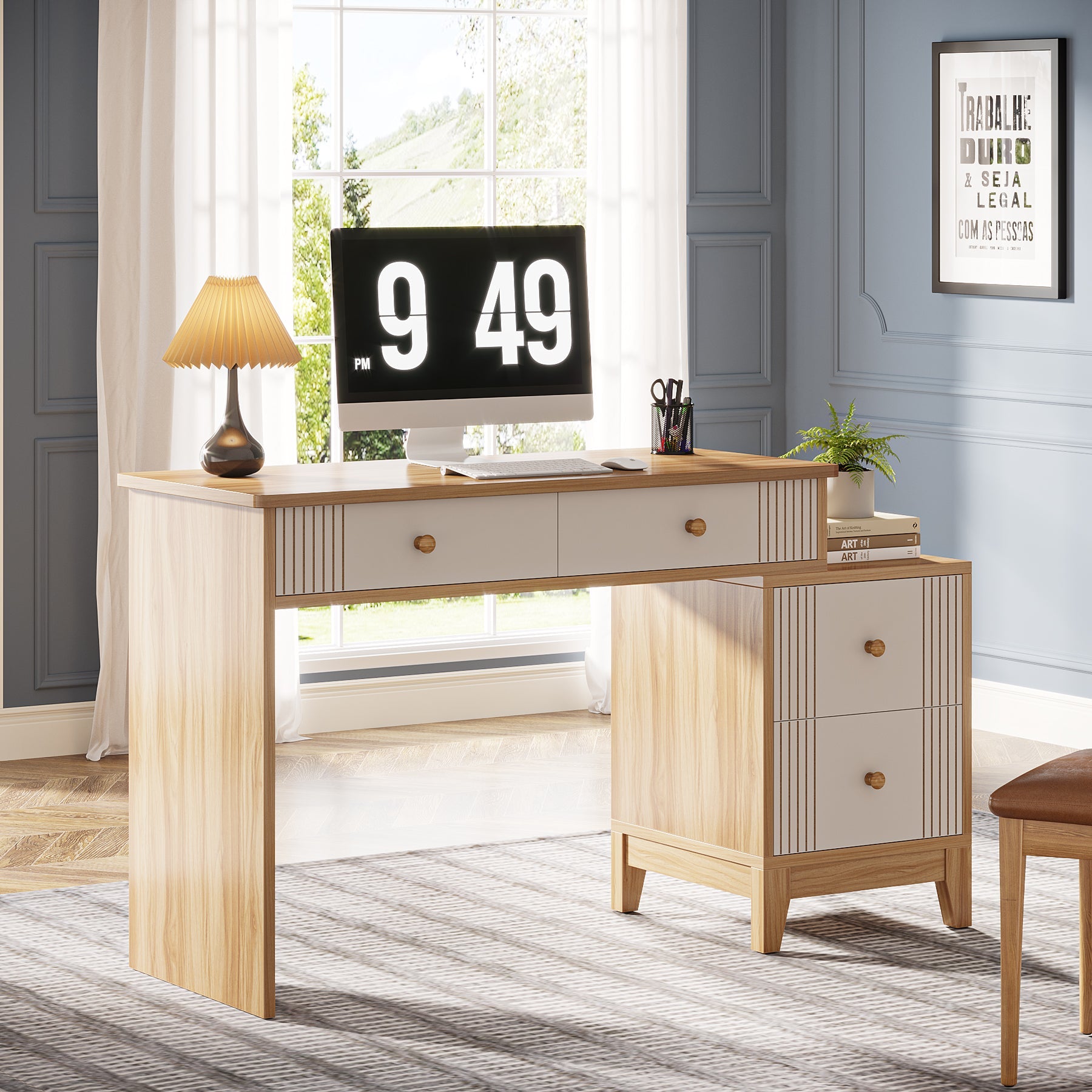 4 Drawer Wooden Computer Desk - Sturdy Study Writing Table with Storage Shelf for Home Office, Gaming & Workspace Organization