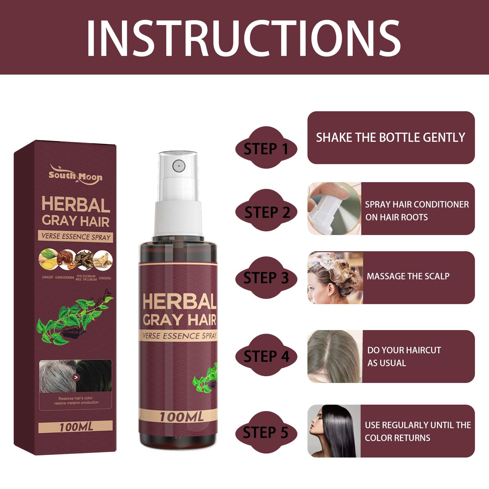 Natural Herbal Gray Hair Reversal Conditioner & Coloring Essence Spray - Darken Hair, Reverse Grey Hair for Men & Women - Perfect for Daily Use & Salon Styling