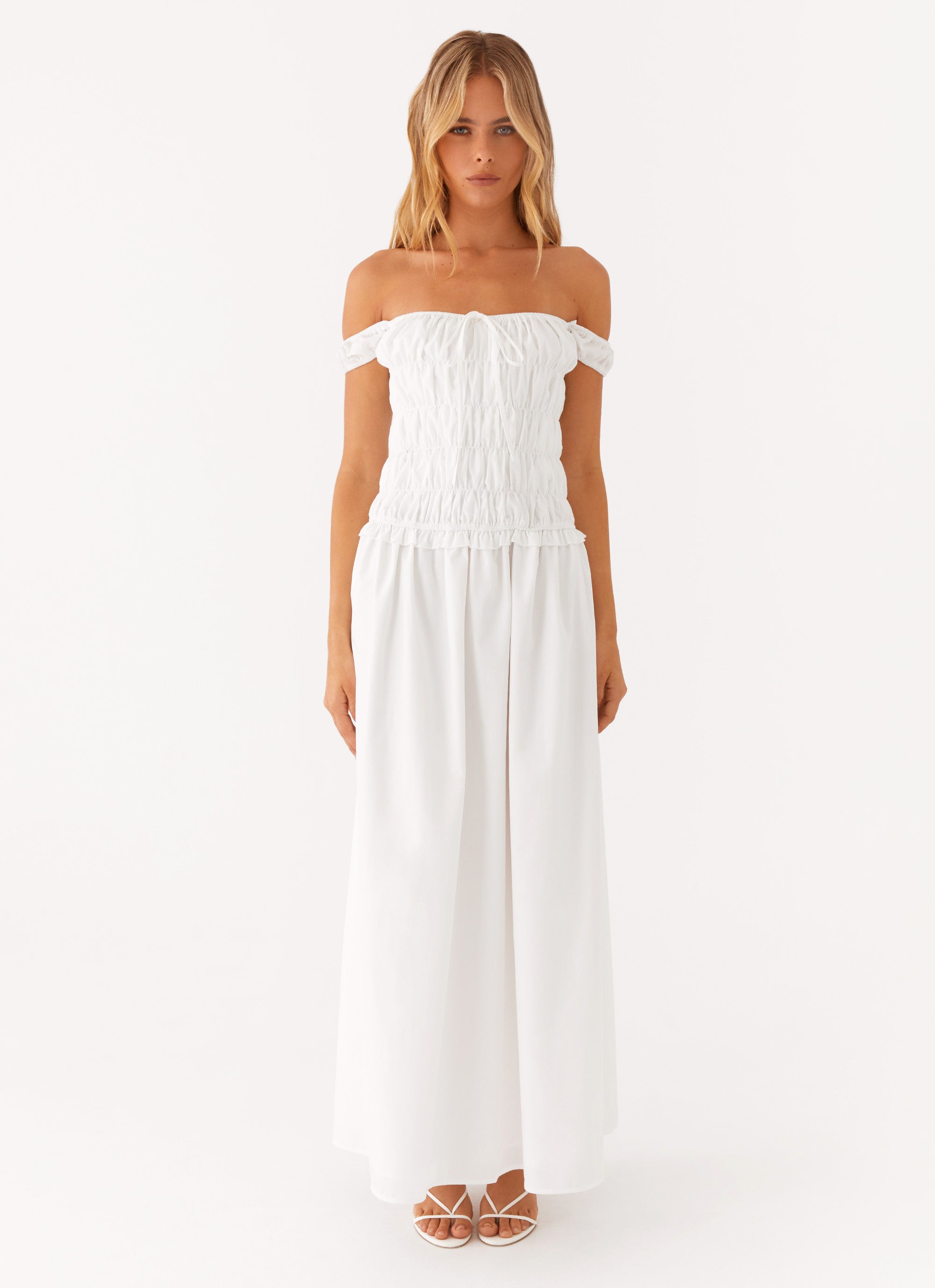Elegant Off Shoulder Maxi Dress - Ivory | Flowy Summer Boho Dress for Women | Perfect for Beach Vacations, Weddings & Date Nights