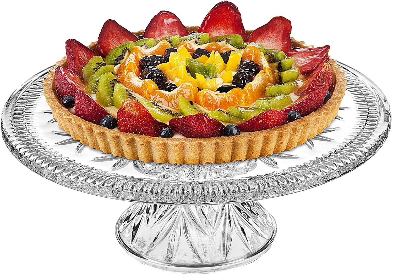 Elegant Crystal Footed Cake Stand with Raised Pedestal - Perfect for Wedding Desserts, Birthday Cakes, and Party Display (12-inch Round Serving Platter)