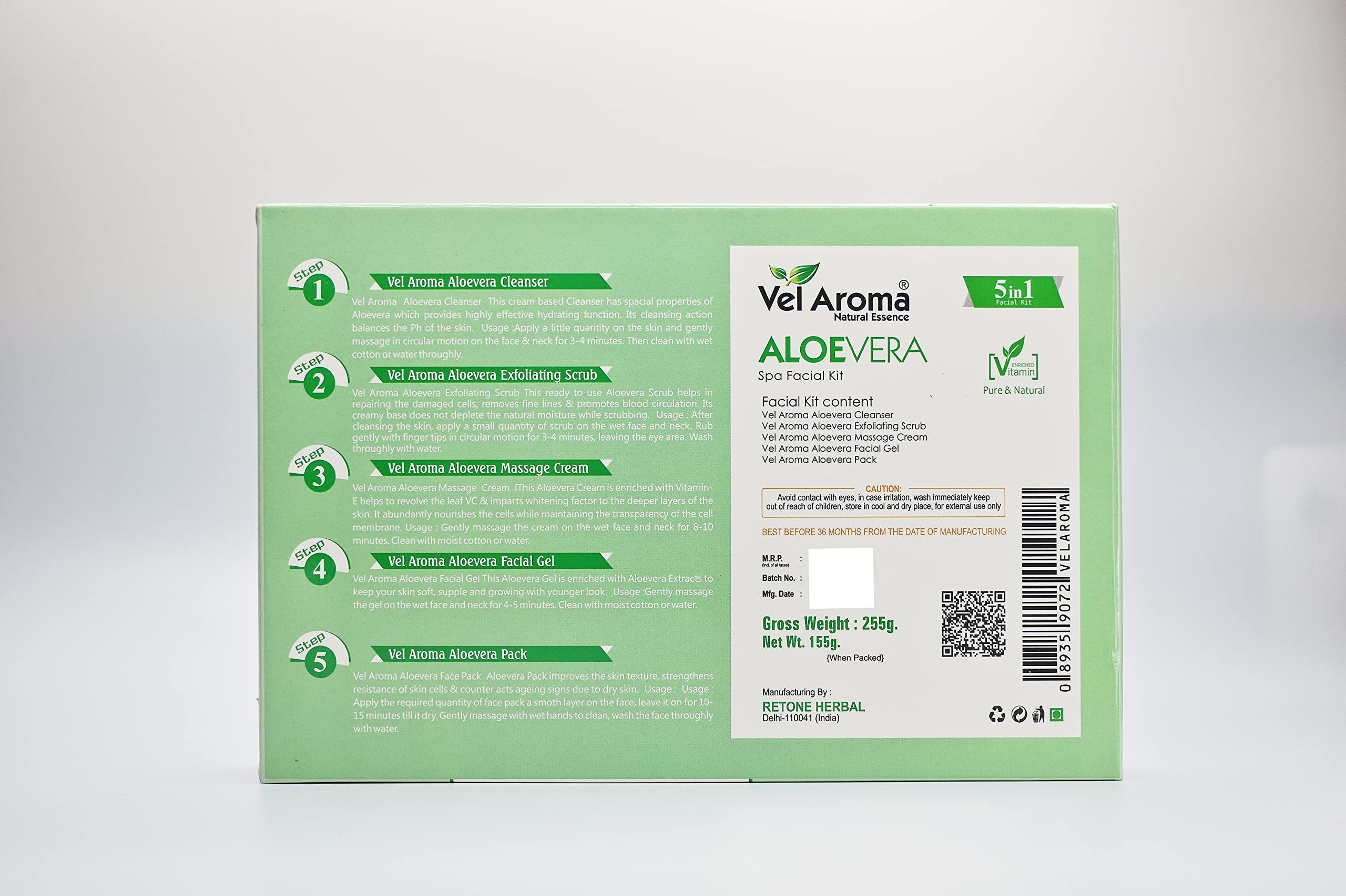 Vel Aroma - Complete 5-in-1 Aloe Vera Facial Kit with Deep Cleanser, Exfoliating Scrub, Nourishing Gel, Whitening Cream & Firming Face Mask (255g) | At-Home Spa Treatment for Glowing Skin | Perfect for Dry, Sensitive & Acne-Prone Skin Types