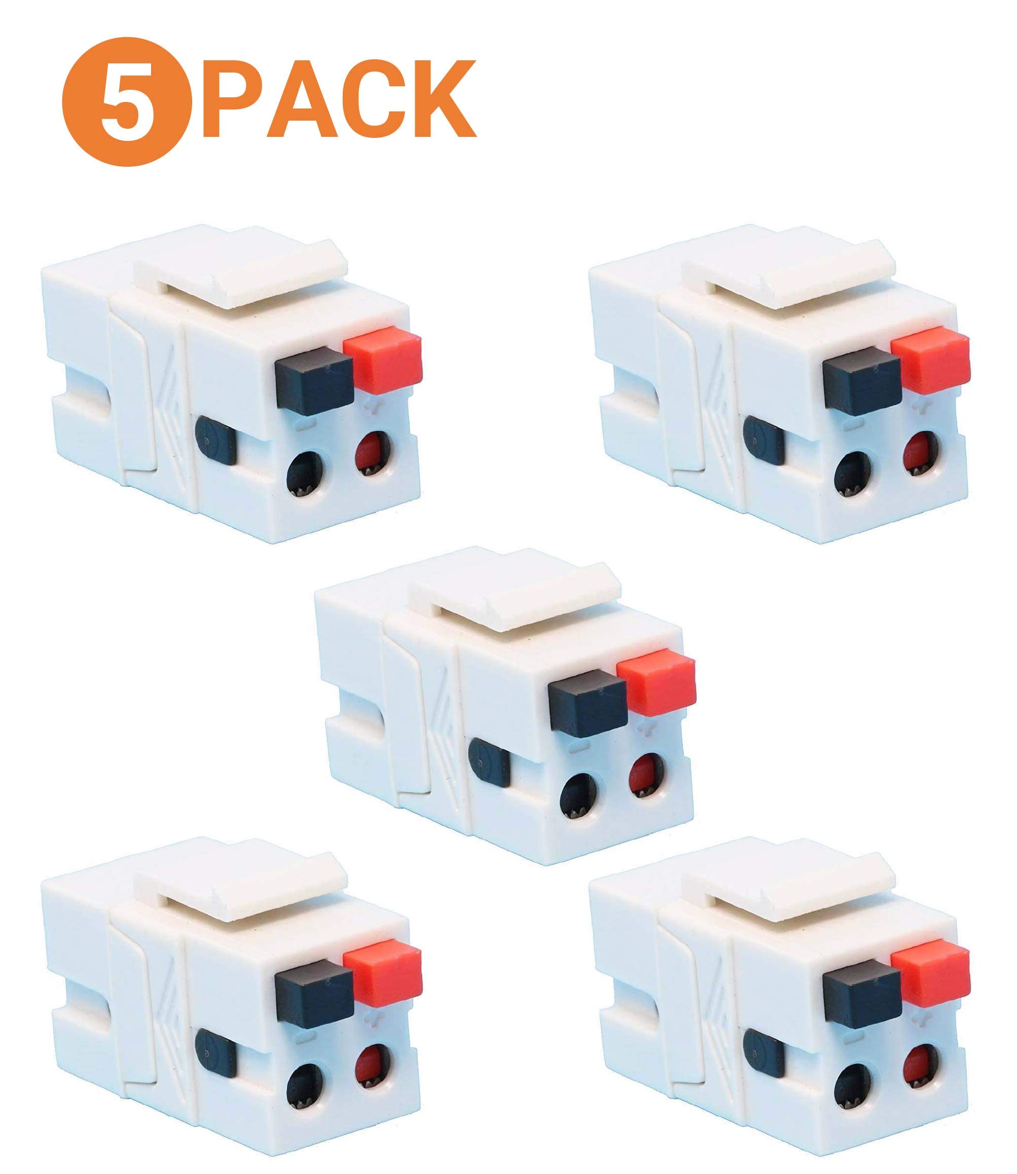 Spring Loaded Speaker Keystone Jack - Female to Female Connector for Home Theater Wall Plates, White (5-Pack) - Perfect for Home Audio Systems, Wall Mounting & DIY Speaker Installations