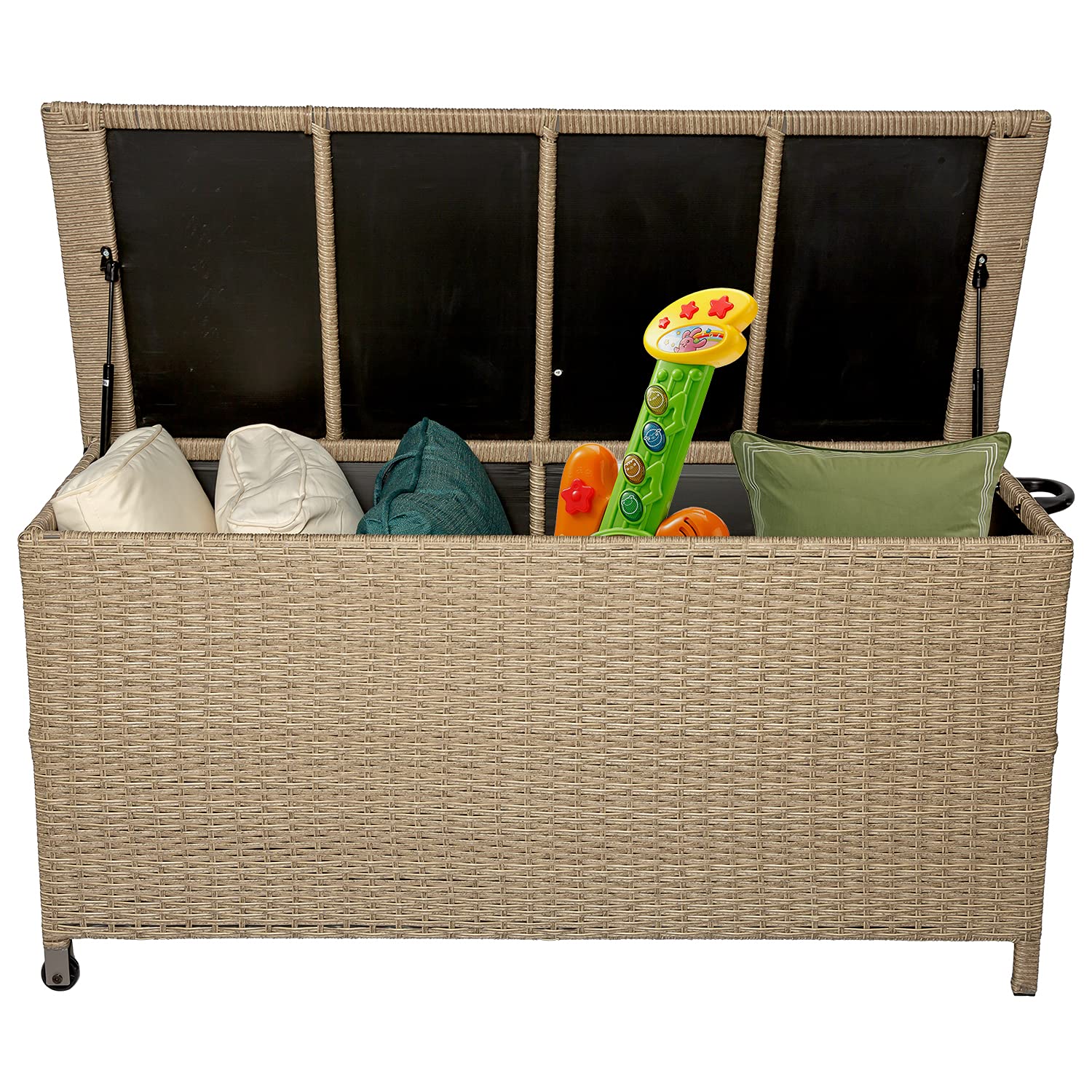 120 Gallon Outdoor Deck Box Storage Container - Rattan Wicker Patio Furniture Storage with Wheels & Handles - Waterproof Garden Tool Organizer for Pool Accessories, Cushions, Toys (Brown) - Perfect for Backyard, Poolside & Patio Organization