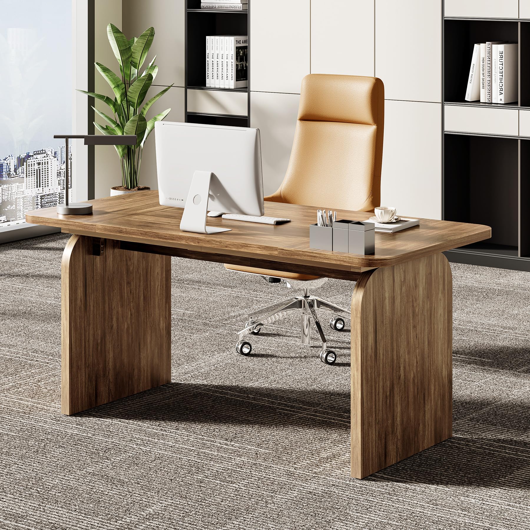 63-Inch Large Wooden Office Desk - Spacious Computer Desk for Home Office, Study & Crafting | Retro Executive Workstation for Writing, Working & Home Office Decor