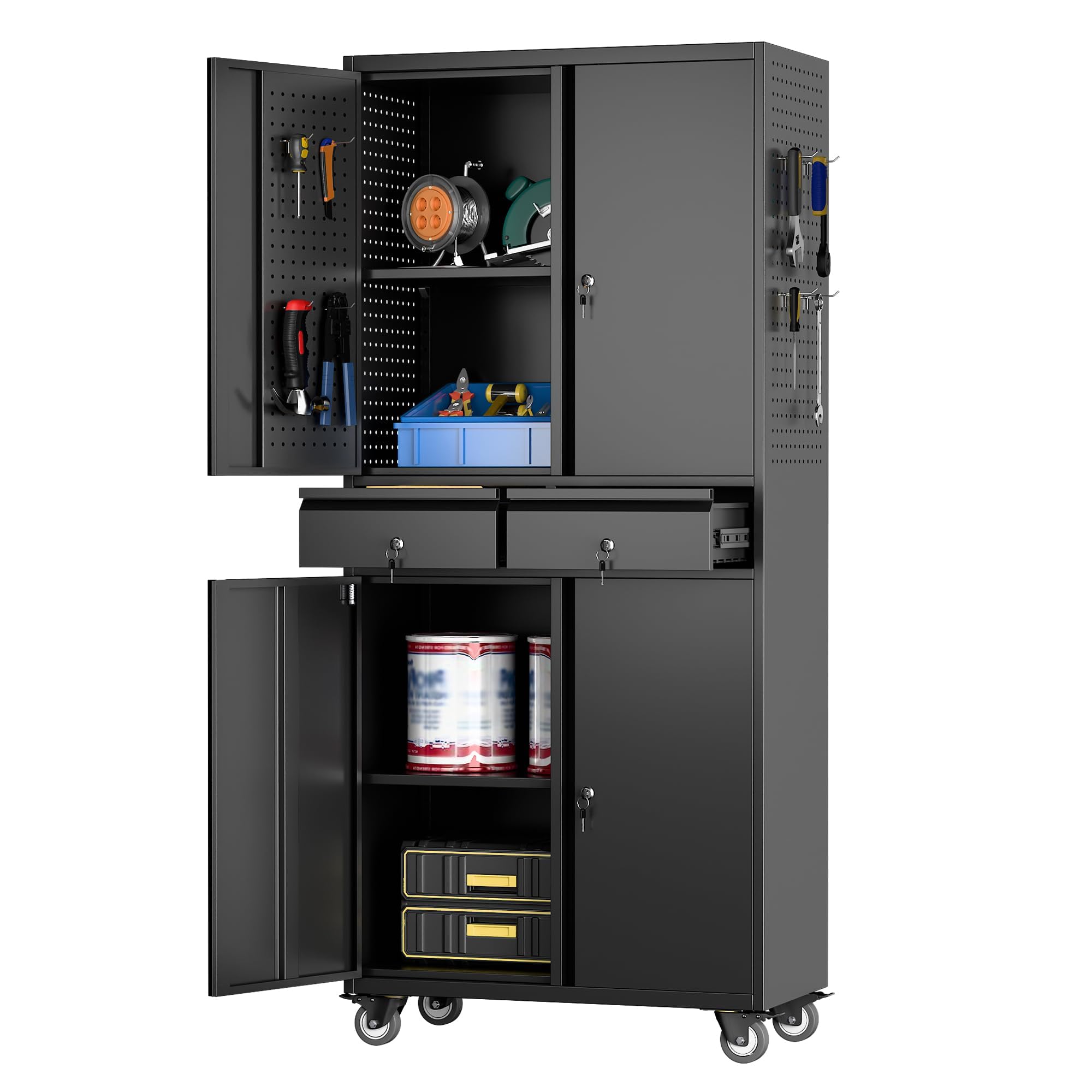 Heavy-Duty Metal Storage Cabinet with Wheels - 2 Drawers & 2 Adjustable Shelves, Lockable Garage Cabinet with Pegboard for Home, Office, Kitchen, School & Pantry Organization - Perfect for Tool Storage, Workshop Supplies & Household Organization