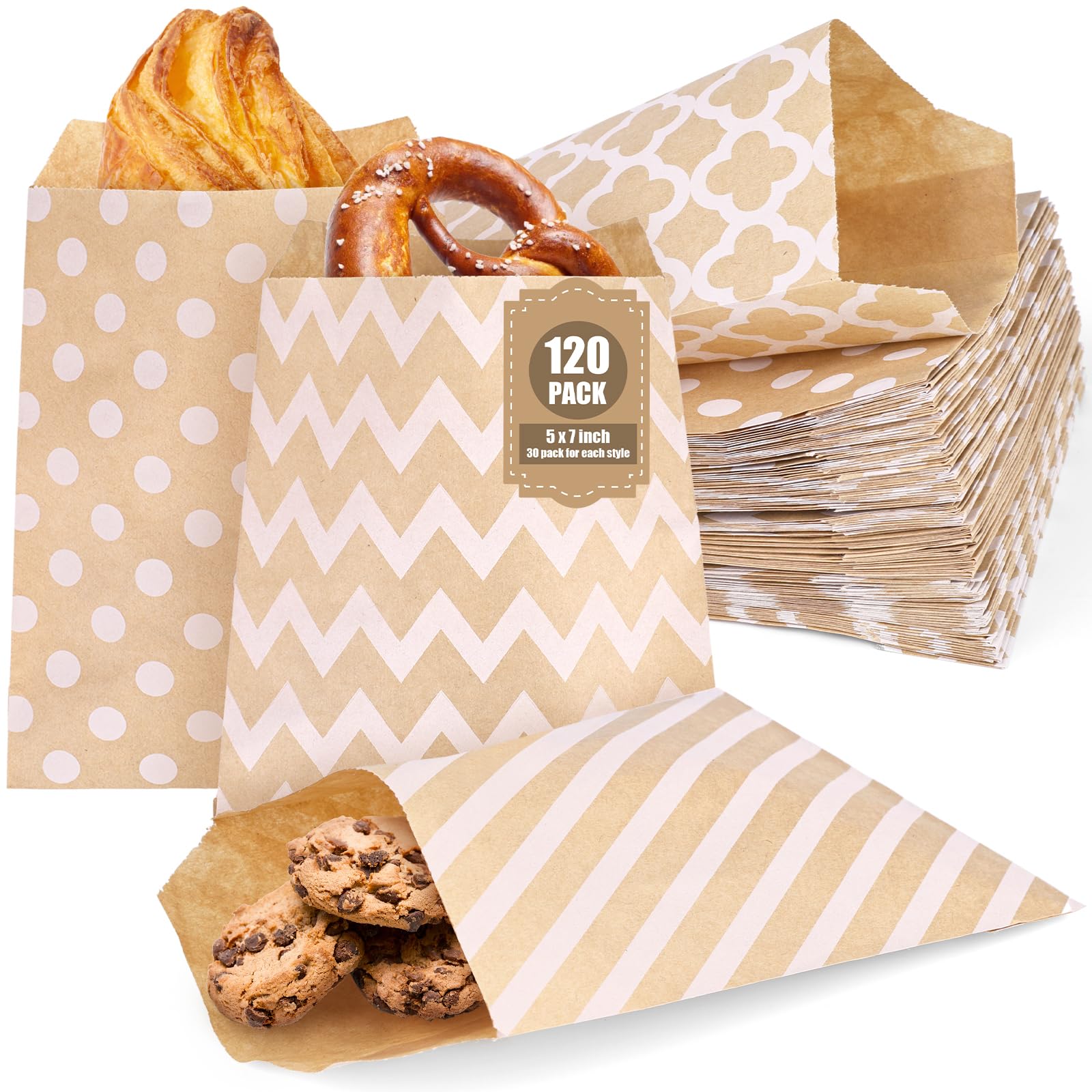 VGOODALL 120-Pack 5x7 Inch Kraft Paper Bags - Eco-Friendly Flat Cookie Bags, Snack Bags & Popcorn Bags for Parties, Bakery Treats & Retail Sales (4 Stylish Designs) | Perfect for Birthday Favors, Wedding Snacks & Small Business Packaging