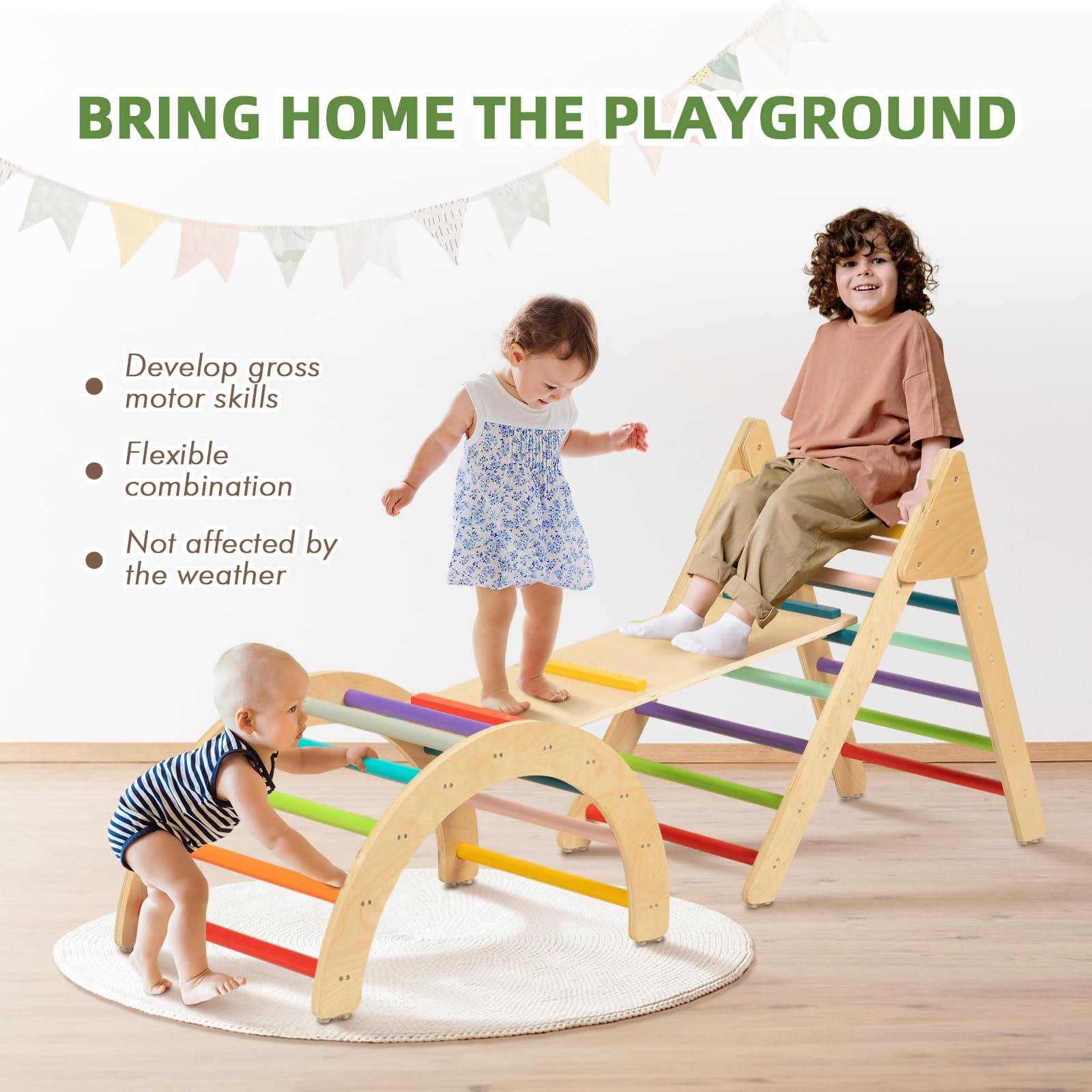 TOOKYLAND 3-in-1 Rainbow Climbing Toy Set for Toddlers - Sturdy Wooden Indoor Play Gym, Montessori Climbing Triangle with Ramp & Rocker - Safe Toddler Play Equipment for Home, Daycare & Preschool