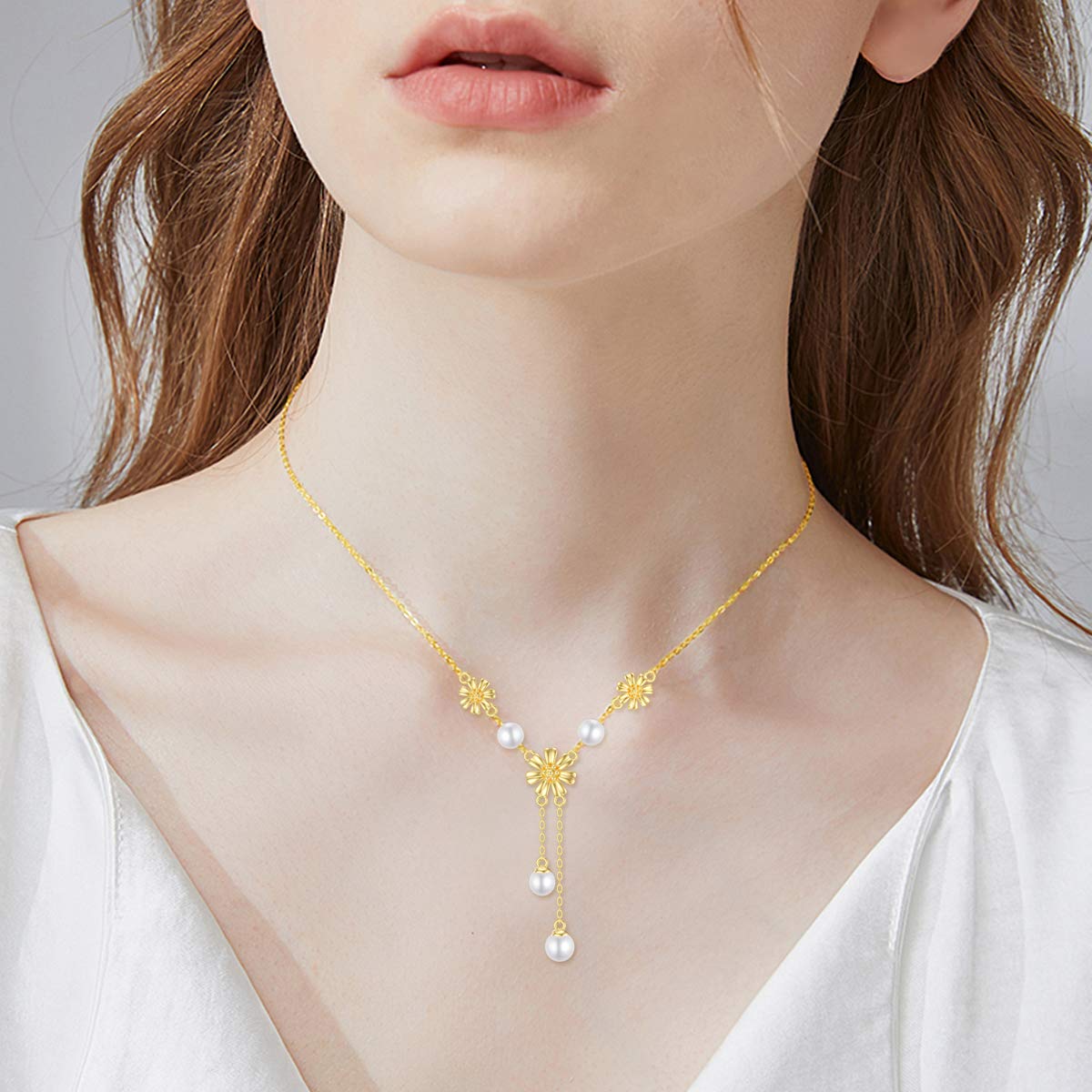 14K Solid Gold Sunflower Necklace for Women - Elegant Gold Pearl Y-Shaped Lariat Necklace | Perfect Birthday, Anniversary & Mother's Day Jewelry Gift for Mom & Wife | 16