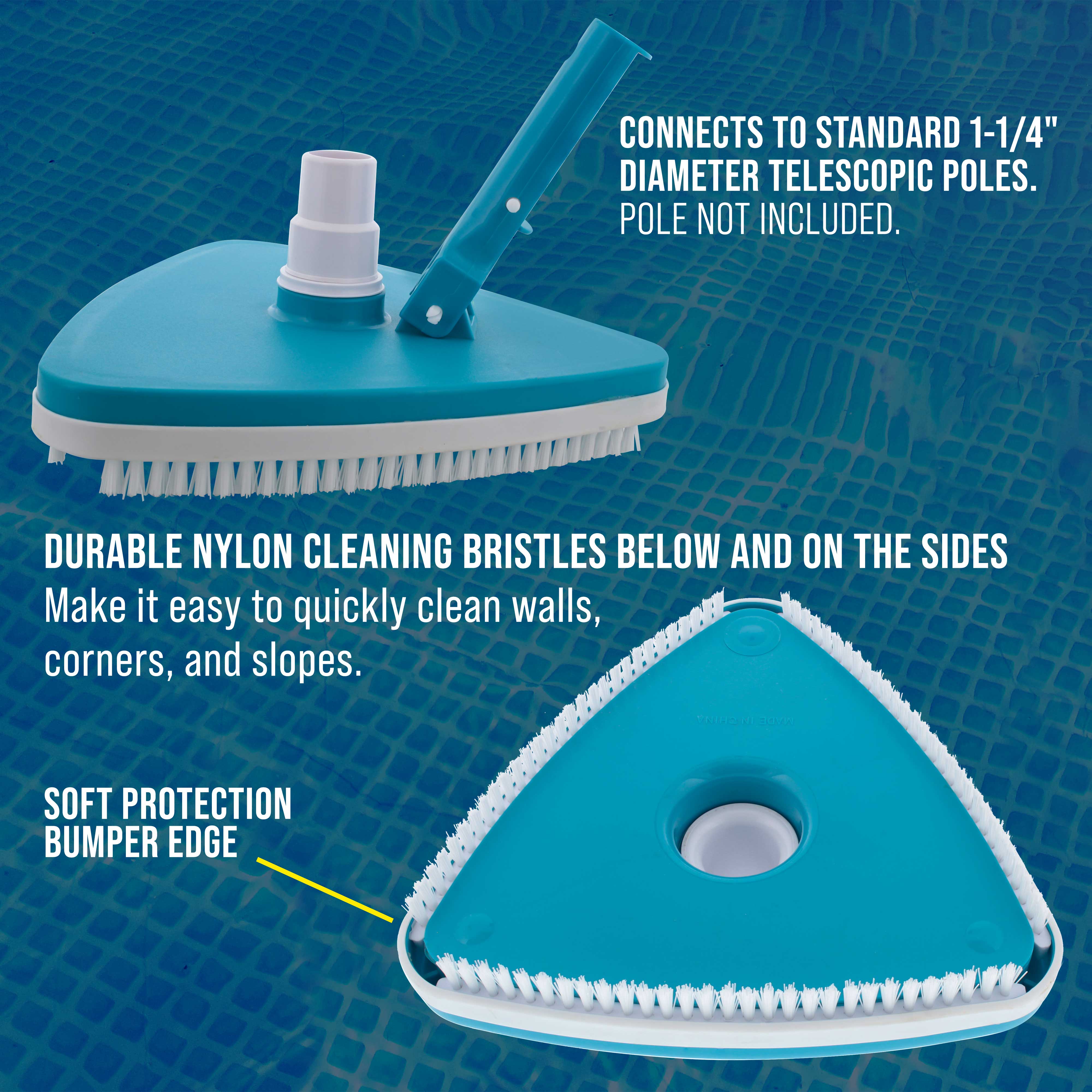 Heavy Duty Weighted Triangular Pool Vacuum Head with Swivel Connection & Pole Handle - Universal Fit for Above Ground and In-Ground Swimming Pools | Durable Pool Cleaning Accessory with Protective Bumper for Easy Maintenance
