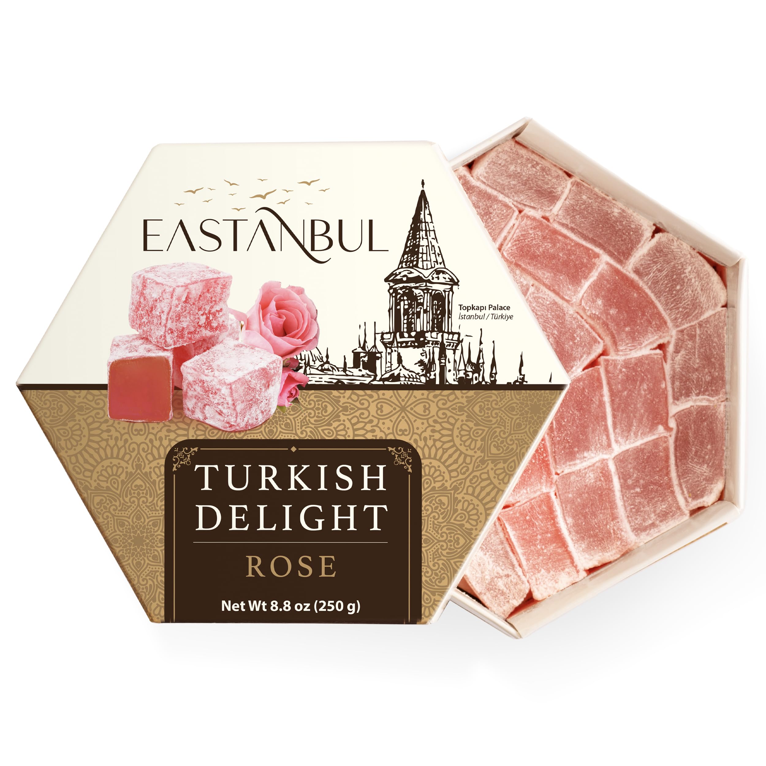 Premium Turkish Delight Rose Candy - 8.8oz Authentic Lokum Loukoumi | Vegan, Gluten-Free, No Artificial Colors or Synthetic Ingredients | Perfect for Gifts, Desserts & Tea Time